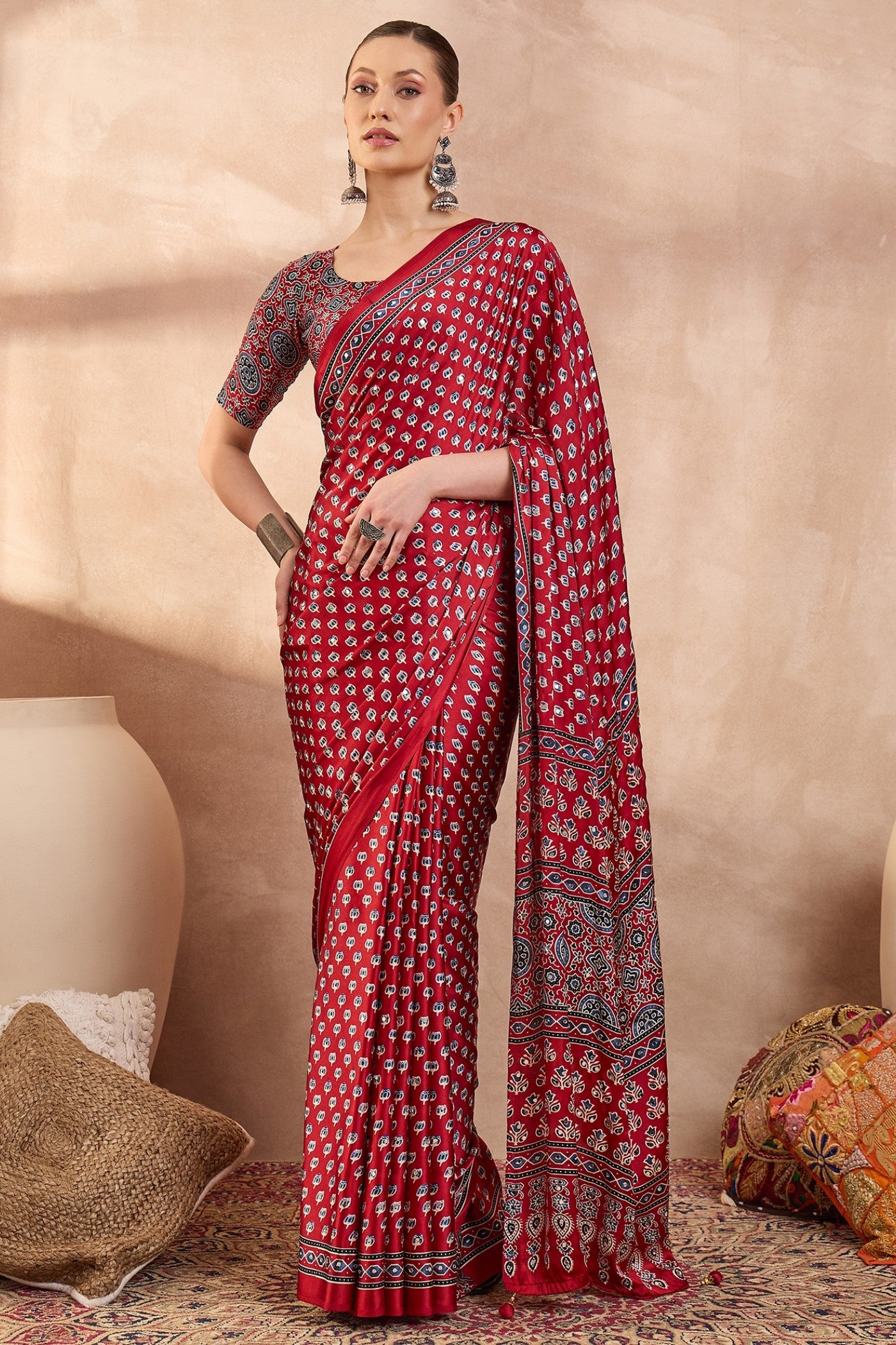 Buy MySilkLove Rosewood Red Modal Ajrakh Satin Printed Silk Saree Online