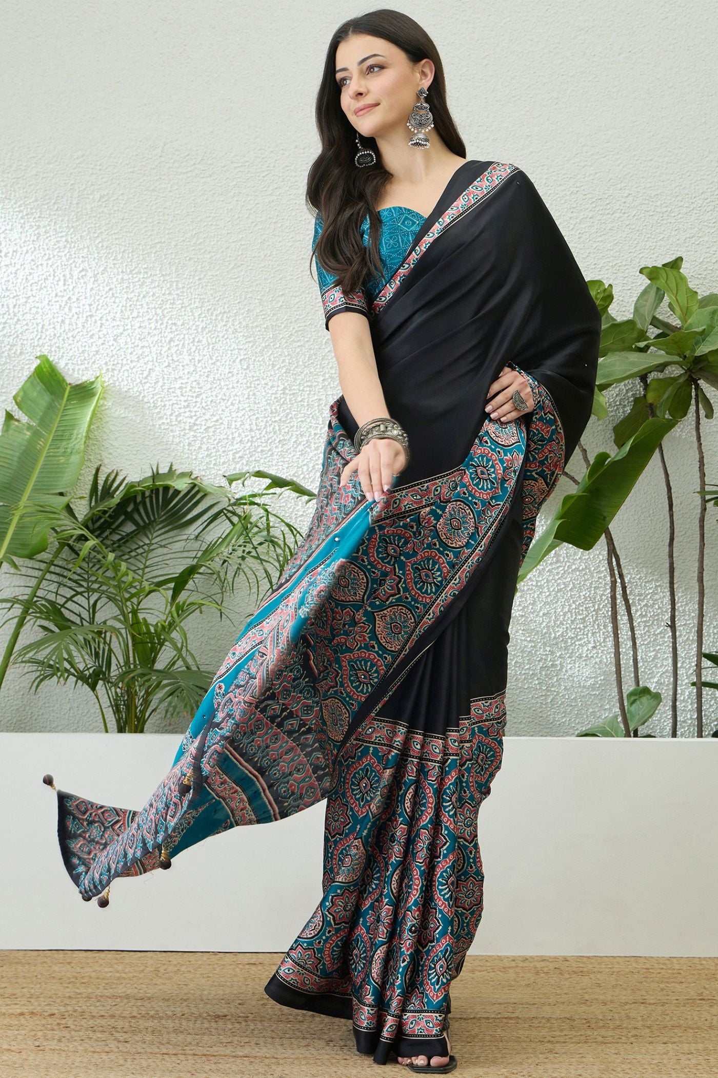 Buy MySilkLove Eclipse Black and Blue Modal Ajrakh Satin Printed Silk Saree Online