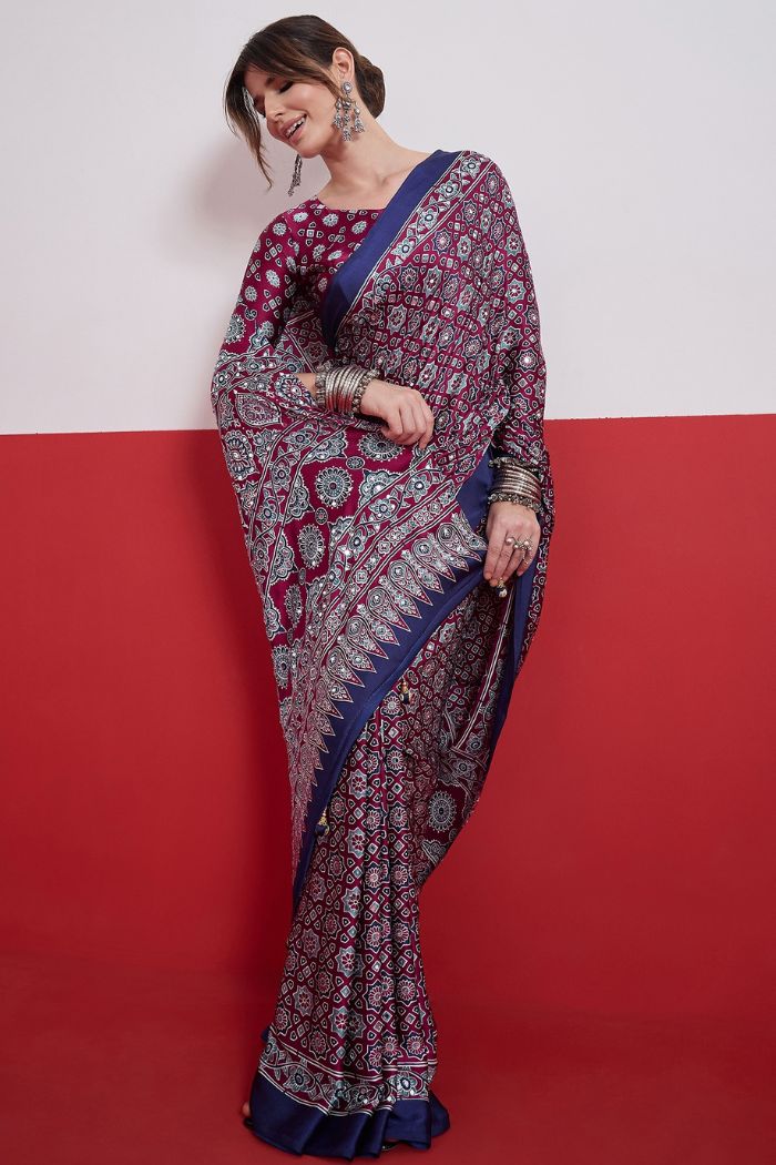 Buy MySilkLove Coral Purple Modal Ajrakh Satin Printed Mirror Work Saree Online