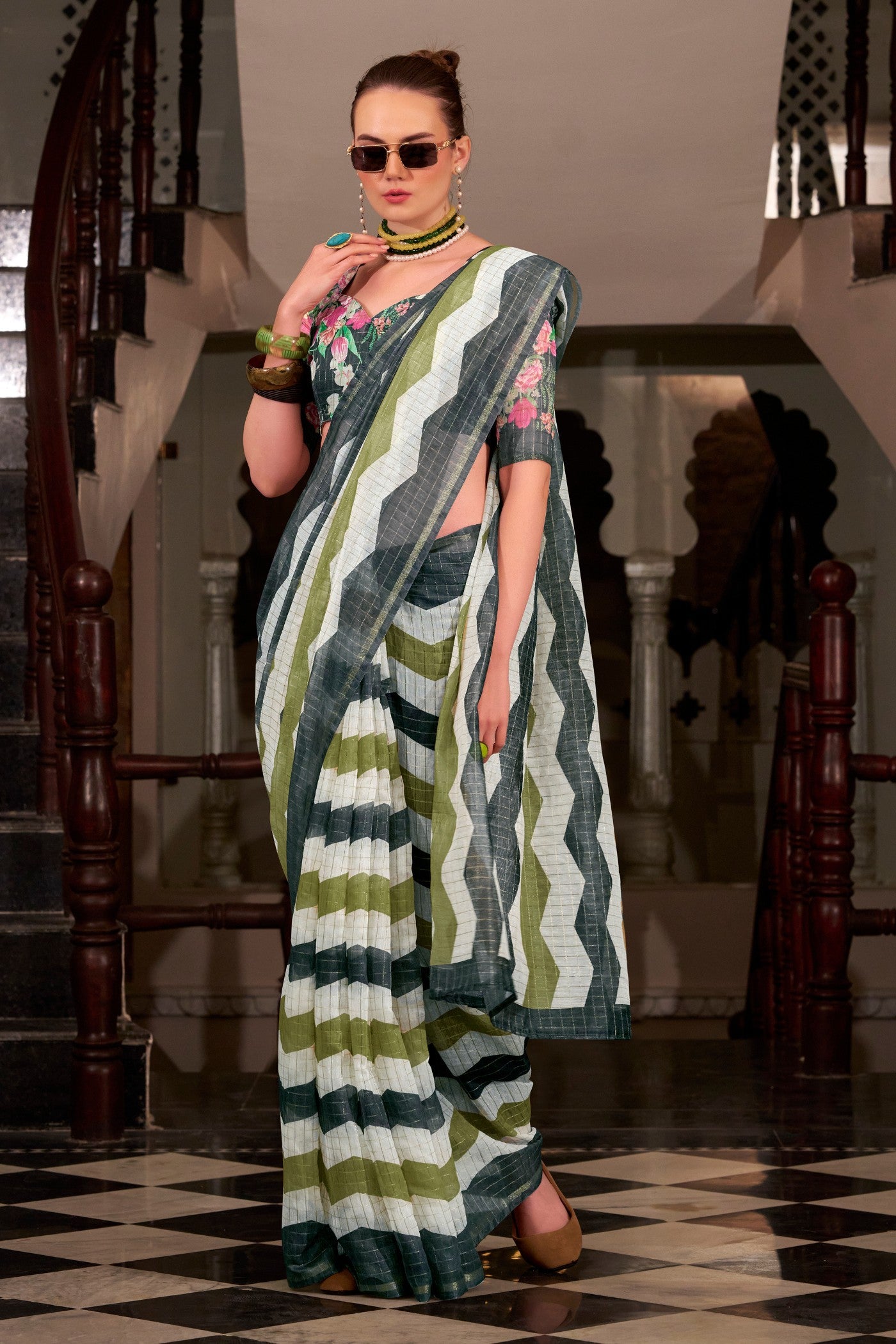 Buy MySilkLove Limed Spruce Grey and White Woven Linen Saree Online