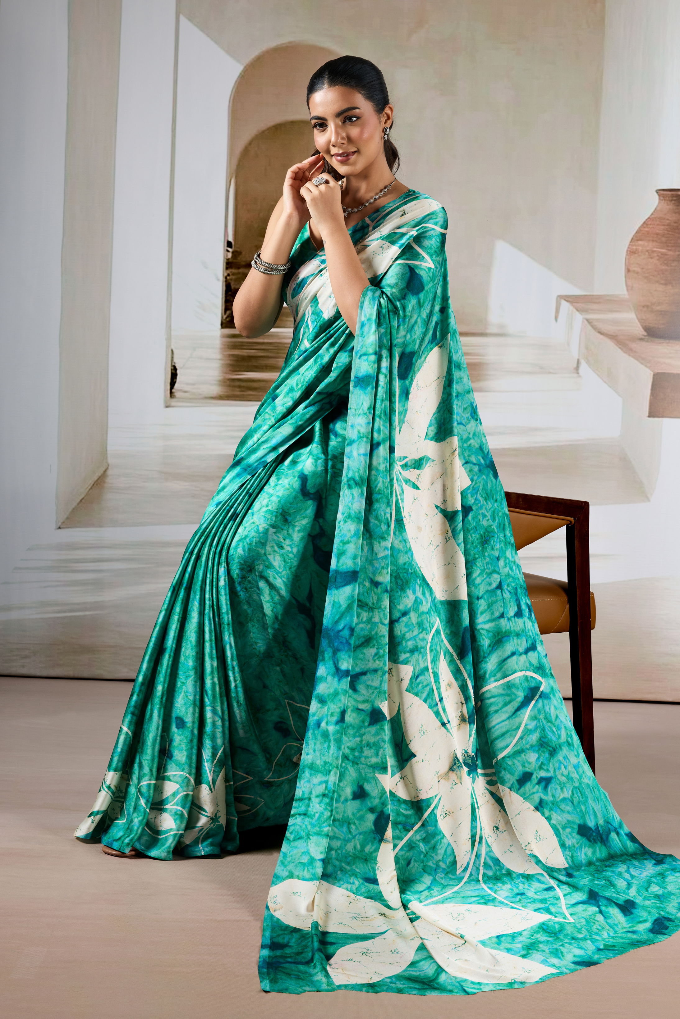 Buy MySilkLove Sea Green Modal Satin Hand Prism Print Saree Online
