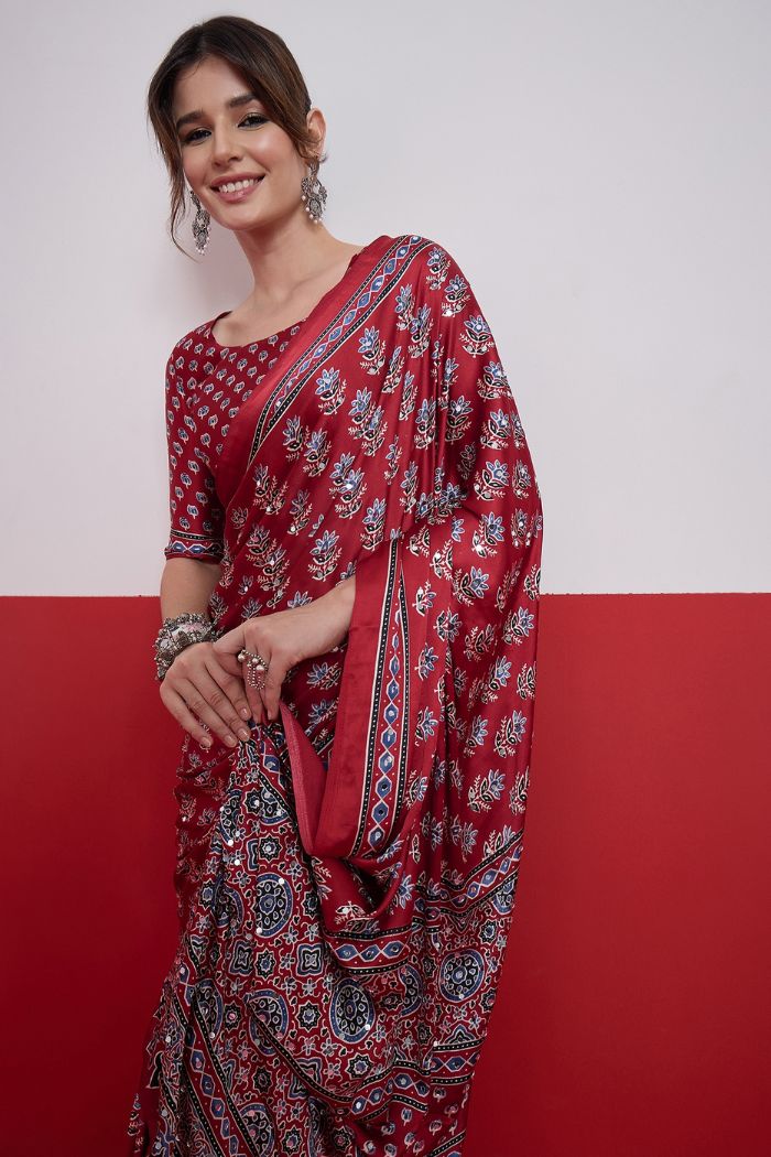 Buy MySilkLove Wine Maroon Modal Ajrakh Satin Printed Mirror Work Saree Online