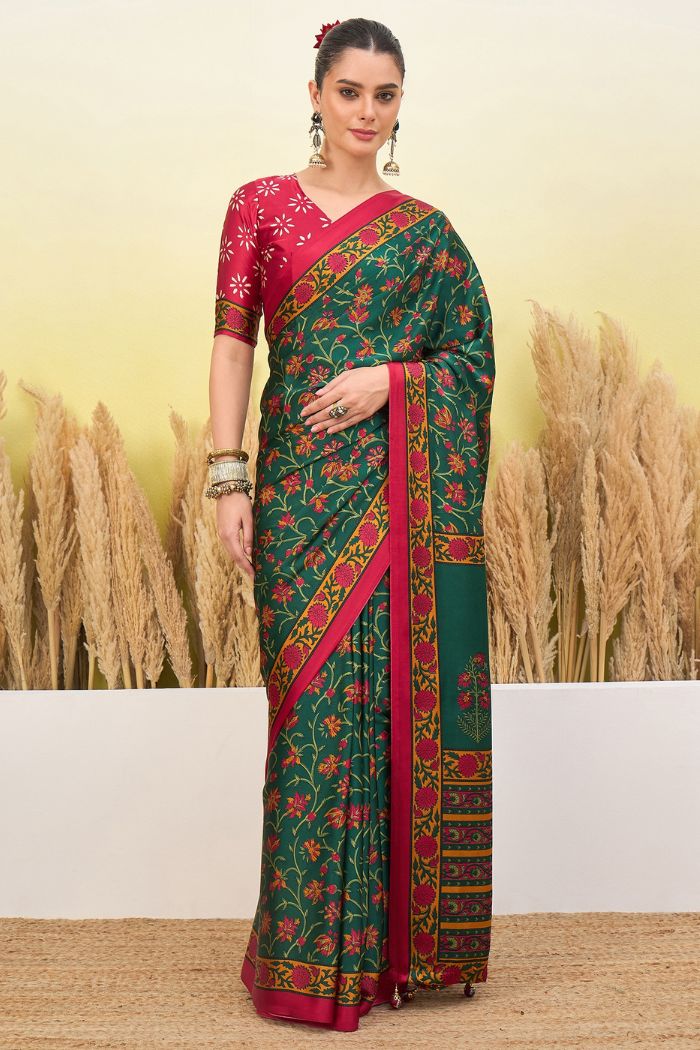 Buy MySilkLove Jungle Green and Red Modal Satin Printed Silk Saree Online