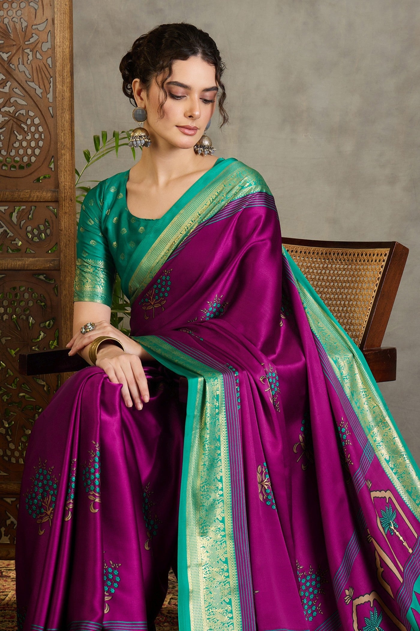 Buy MySilkLove Haze Purple and Green Printed Satin Crepe Silk Saree Online