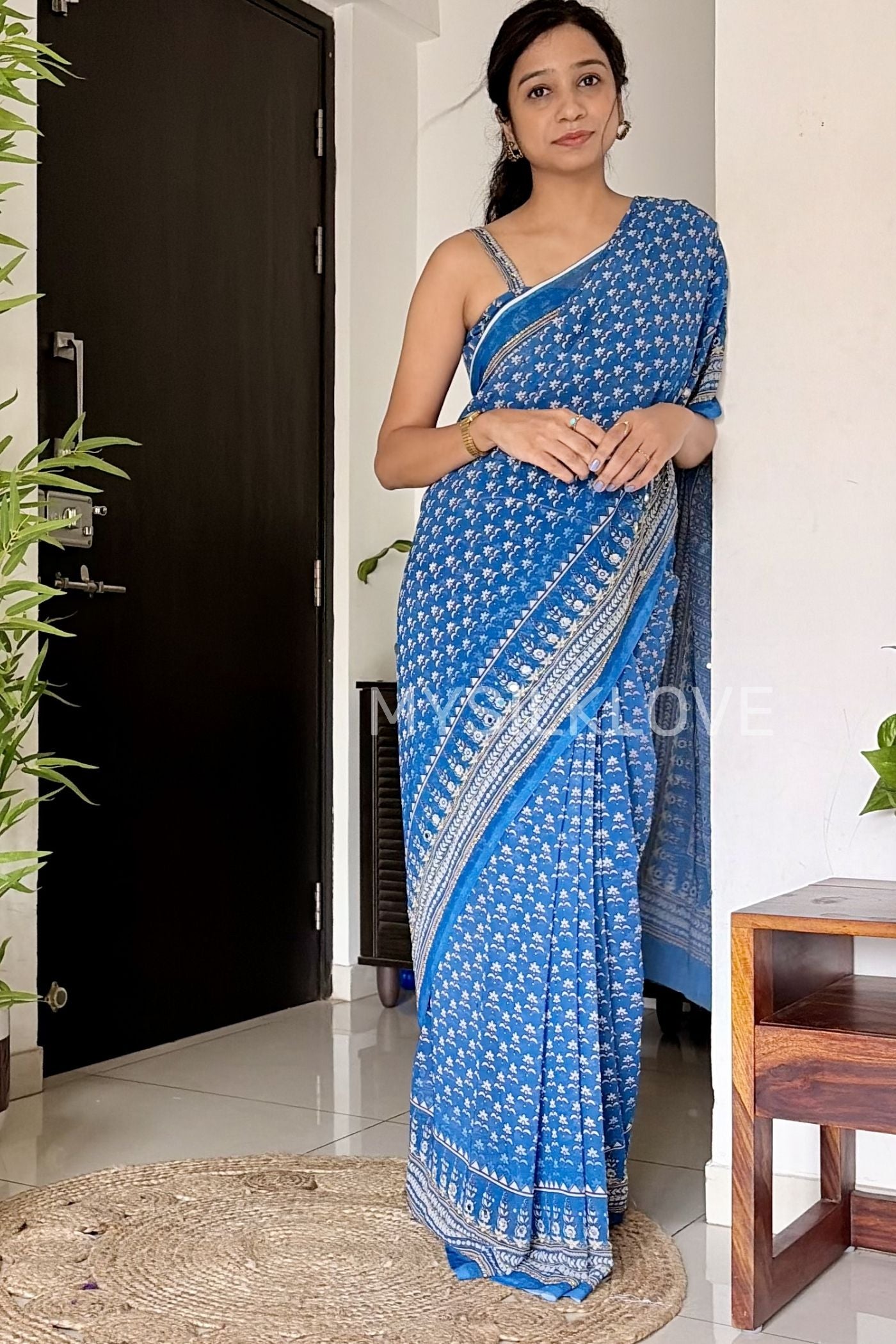 Buy MySilkLove Light Blue Ajrakh Georgette Mirror Work Saree Without Blouse Online