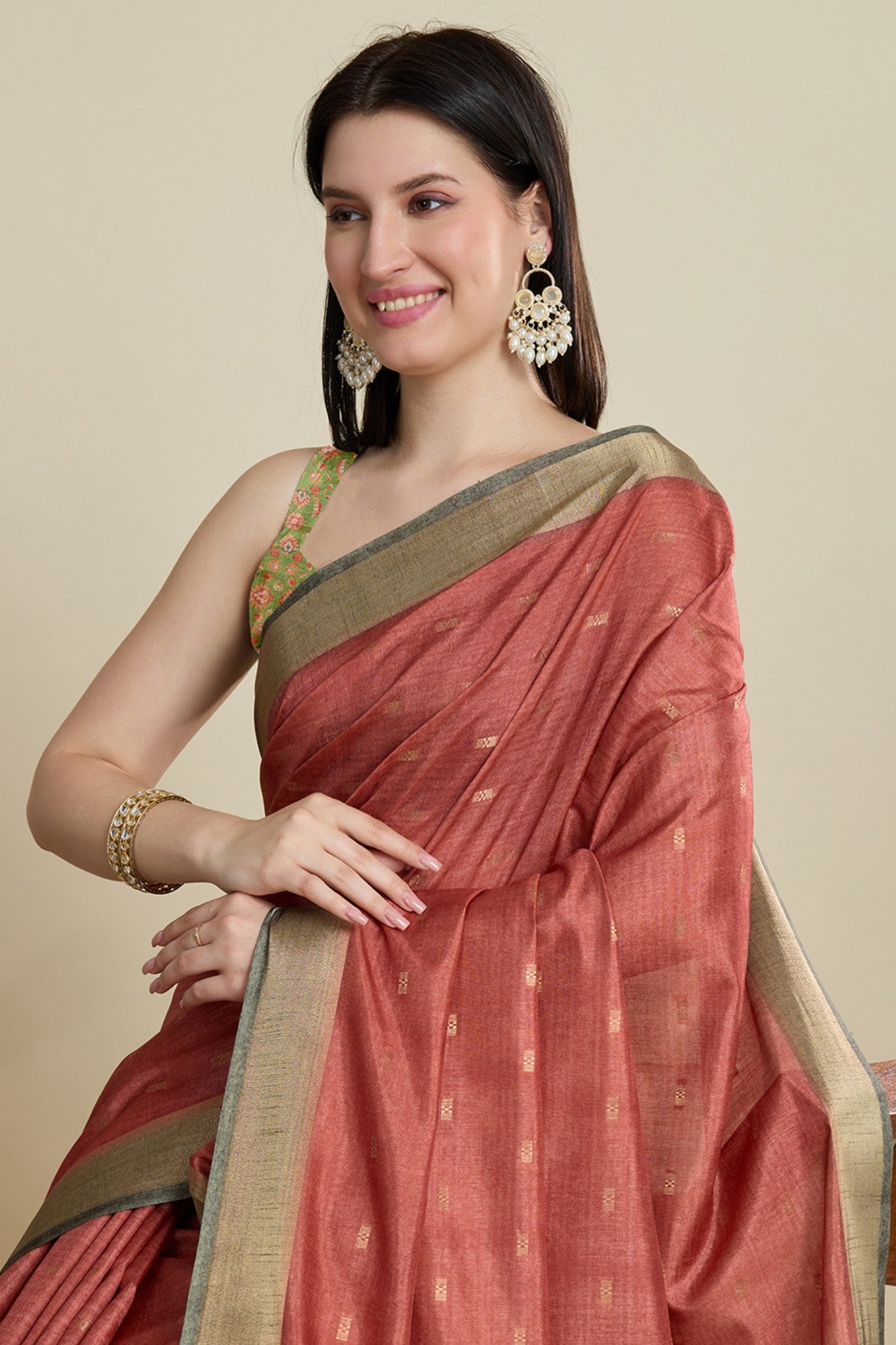 Buy MySilkLove Coral Peach Woven Cotton Saree Online