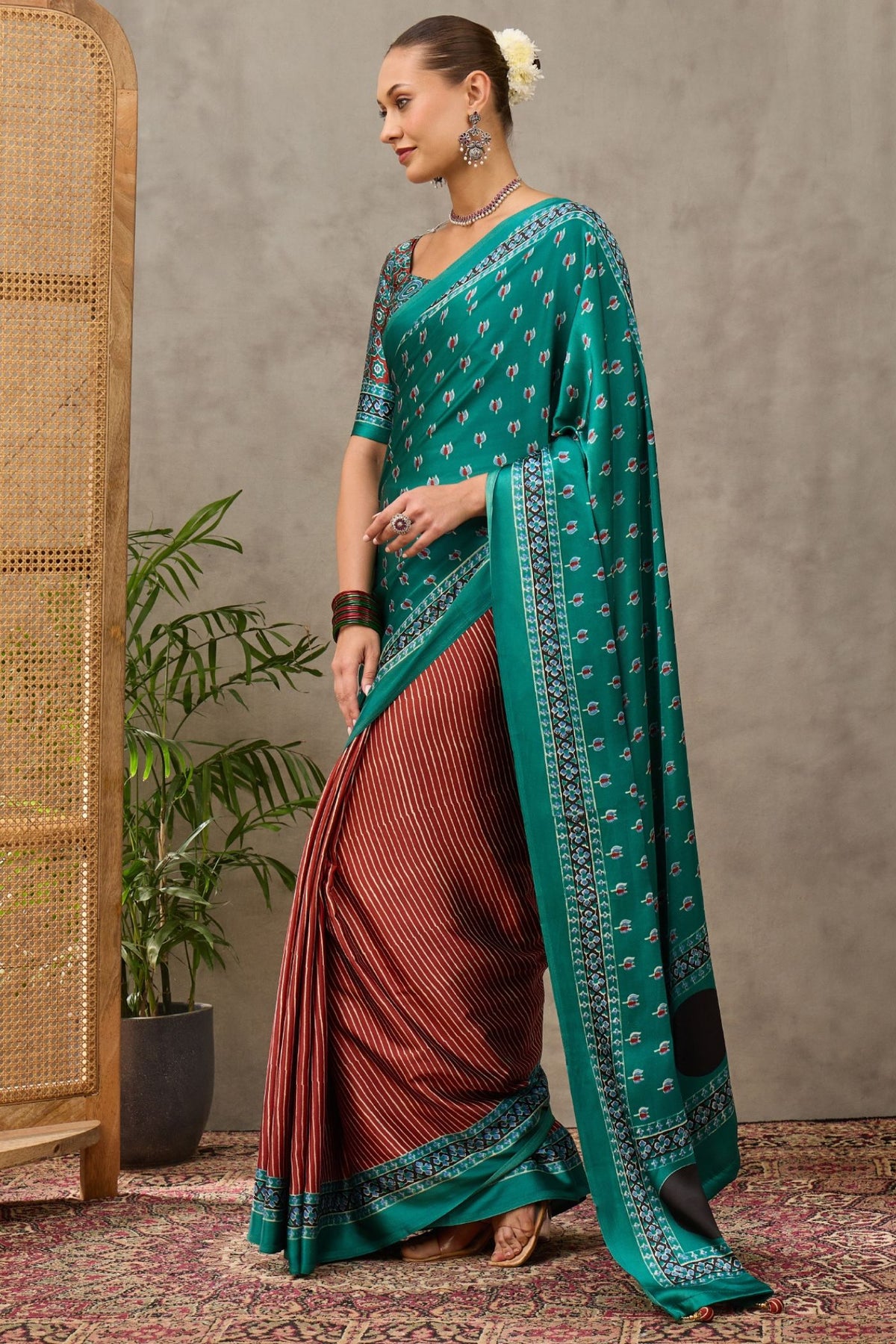 Buy MySilkLove Mint Green and Brown Modal Satin Printed Silk Saree Online