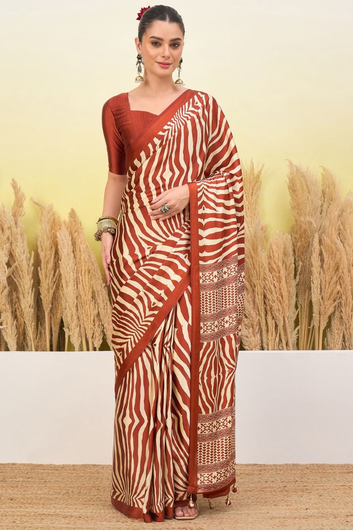Buy MySilkLove Mocha Brown Modal Ajrakh Satin Printed Silk Saree Online