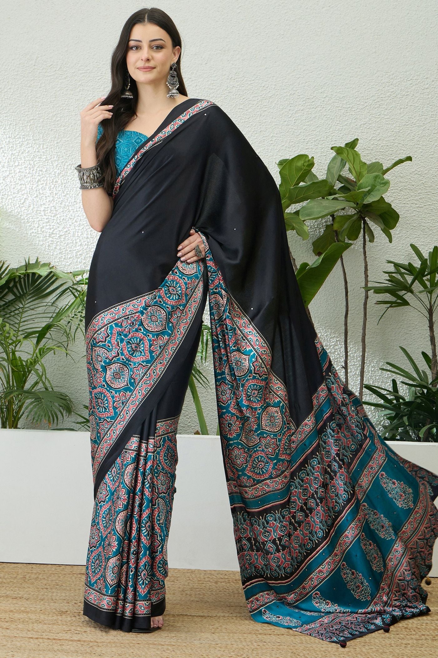Buy MySilkLove Eclipse Black and Blue Modal Ajrakh Satin Printed Silk Saree Online