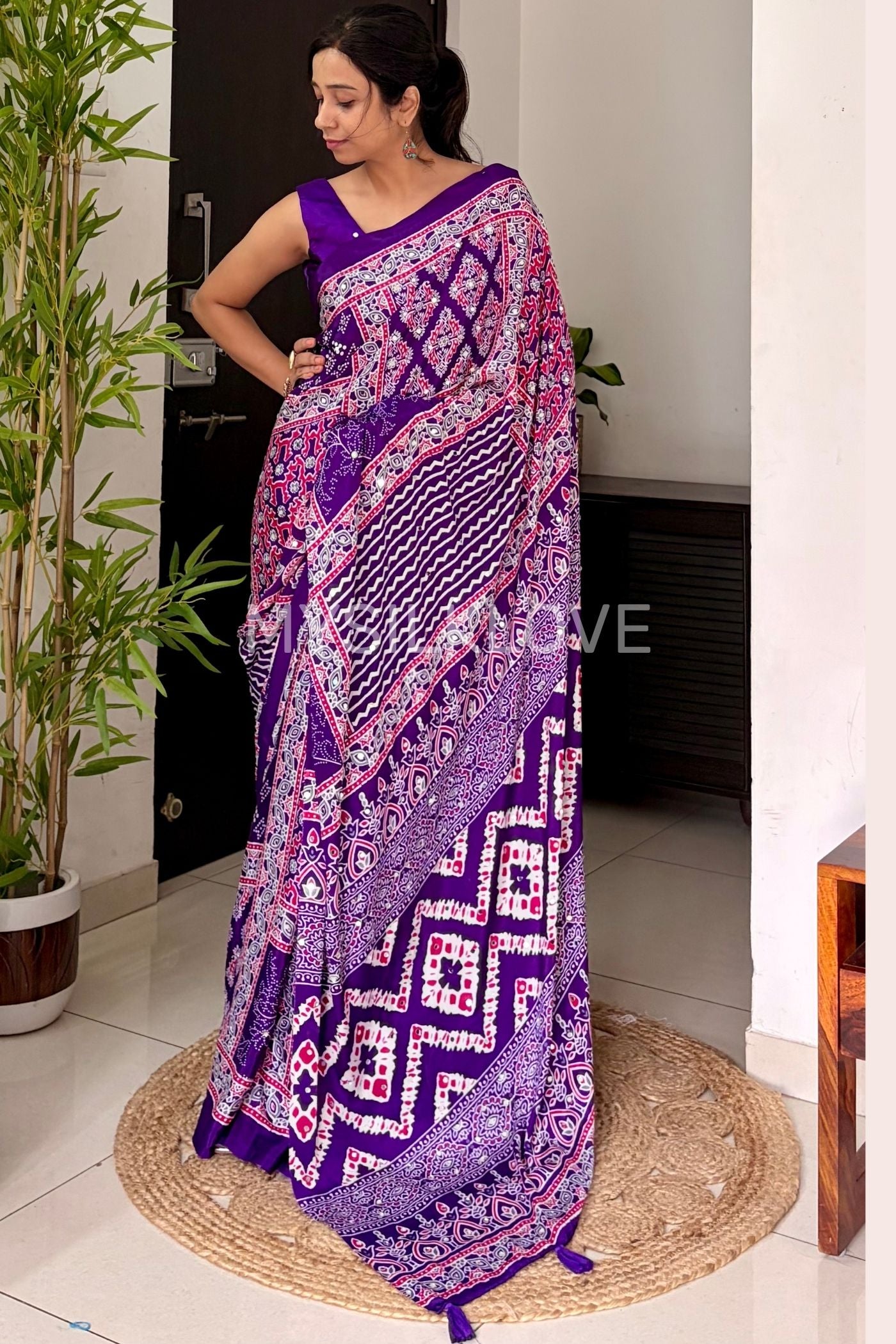 Buy MySilkLove Insolent Purple Ajrakh Satin Printed Mirror Work Saree Online