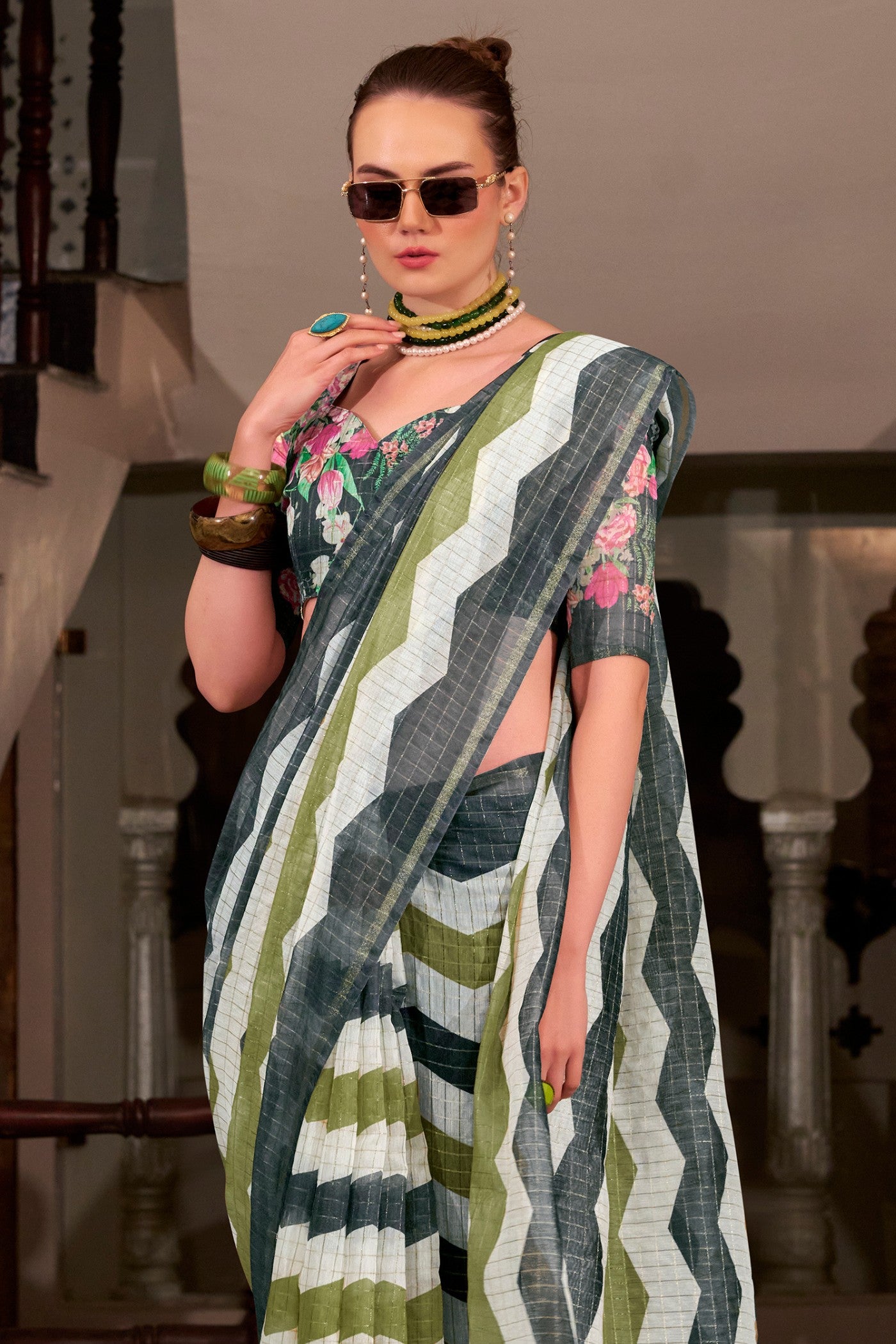 Buy MySilkLove Limed Spruce Grey and White Woven Linen Saree Online