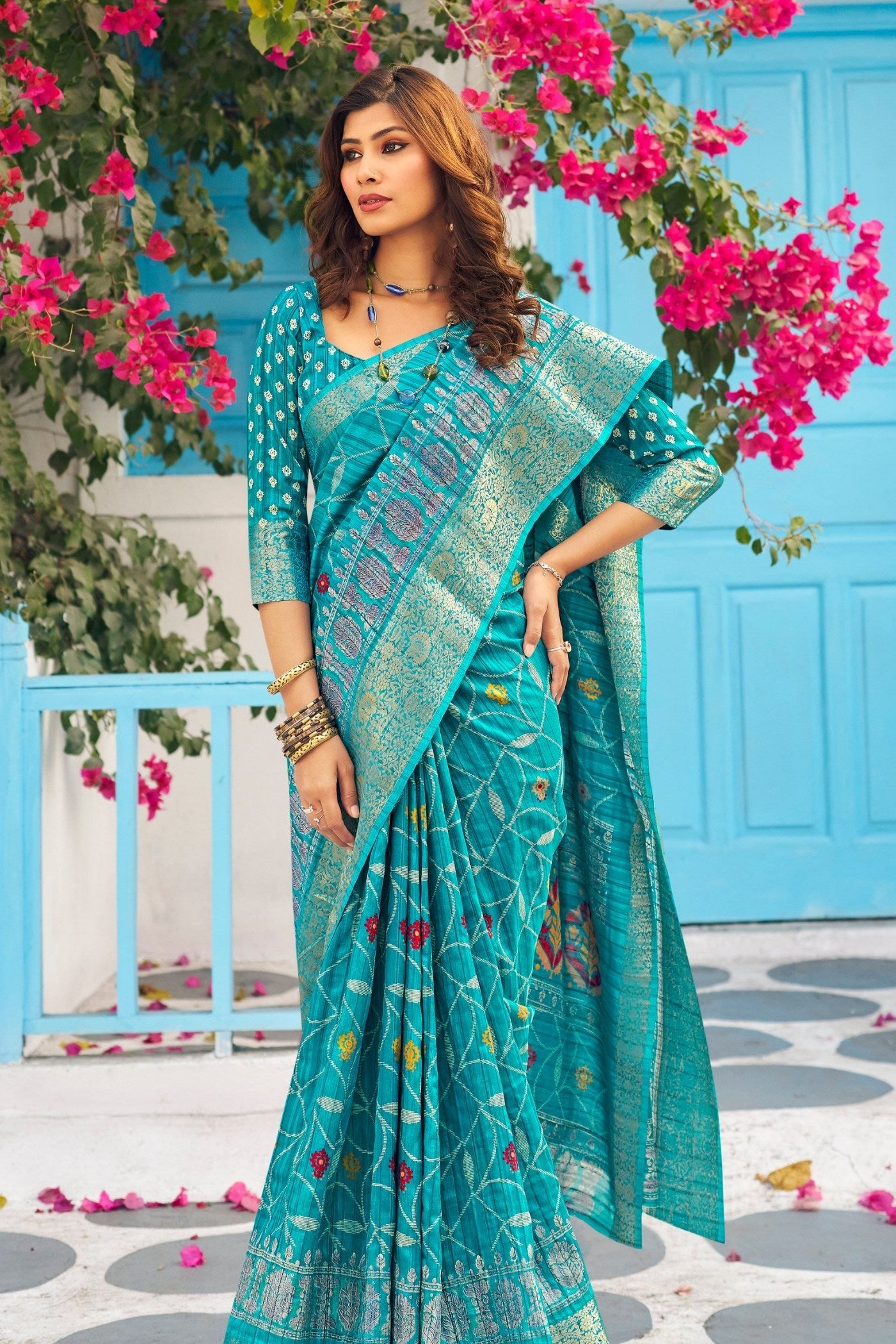 Buy MySilkLove River Blue Banarasi Printed Saree Online