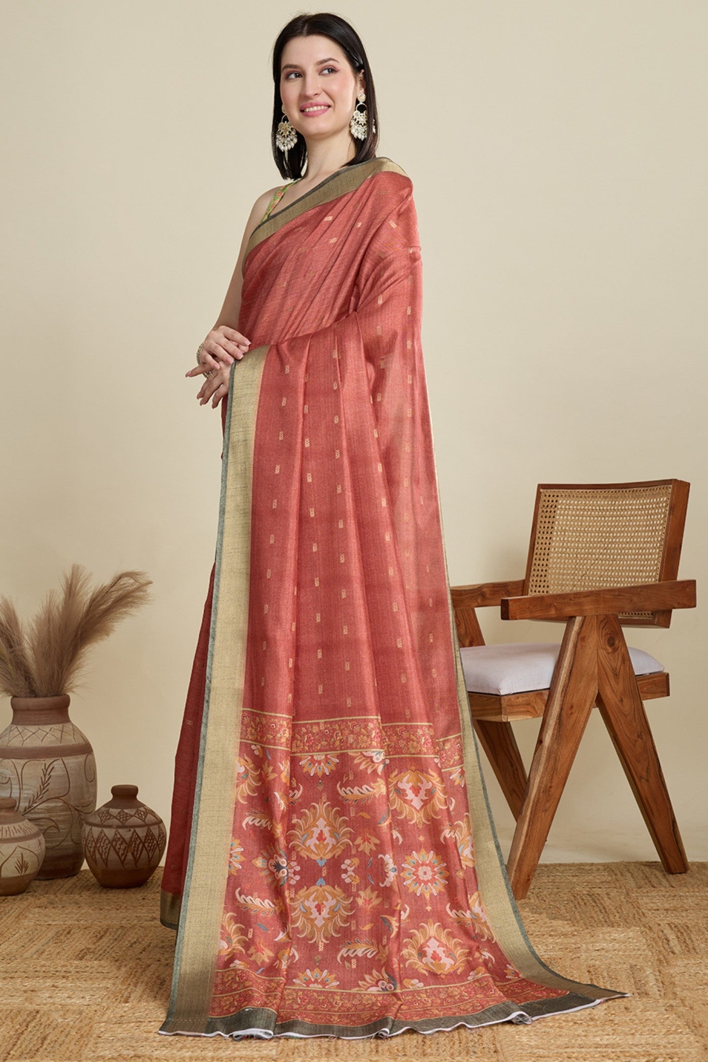 Buy MySilkLove Coral Peach Woven Cotton Saree Online