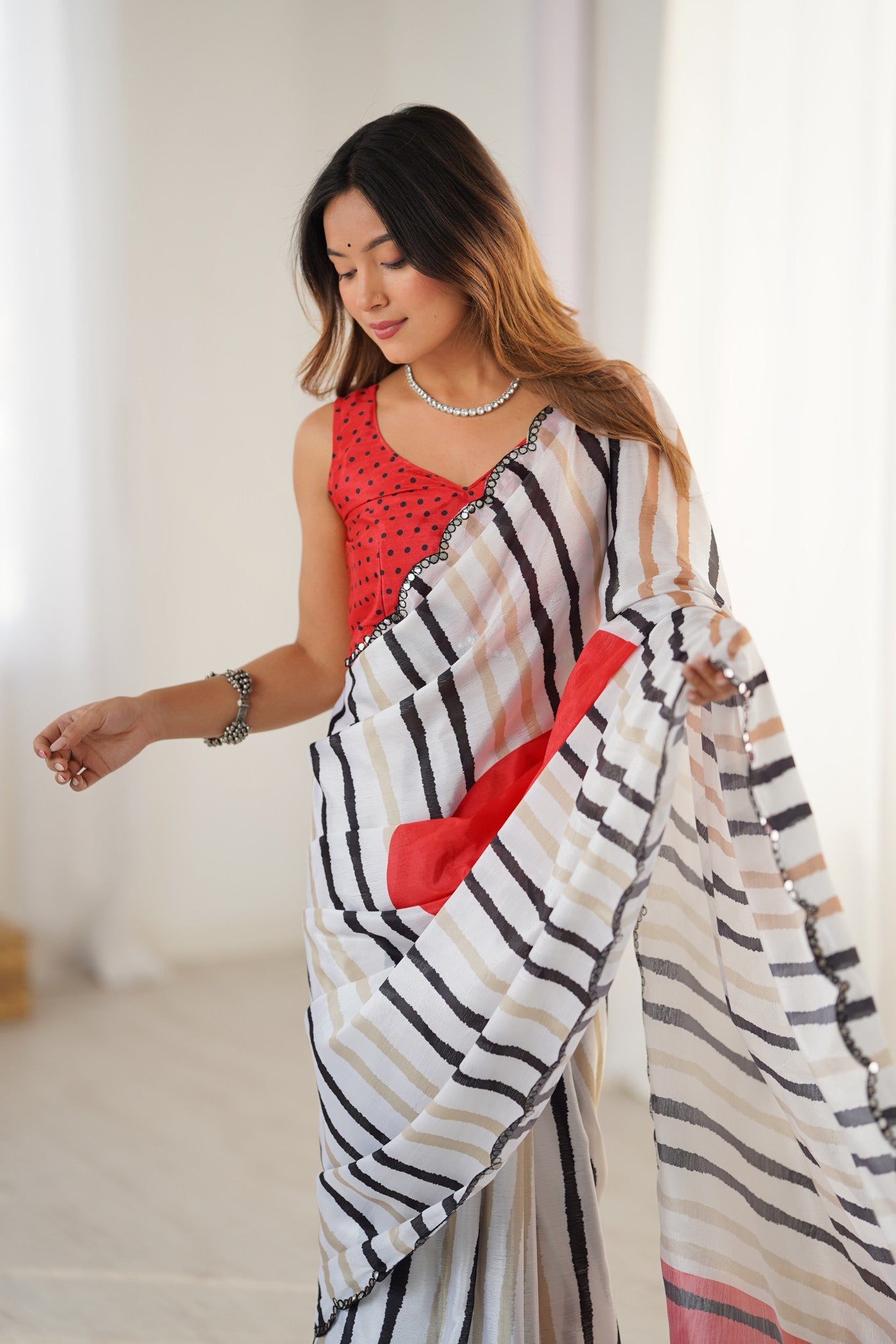 MySilkLove Daisy White Strips Chinon Partywear Saree