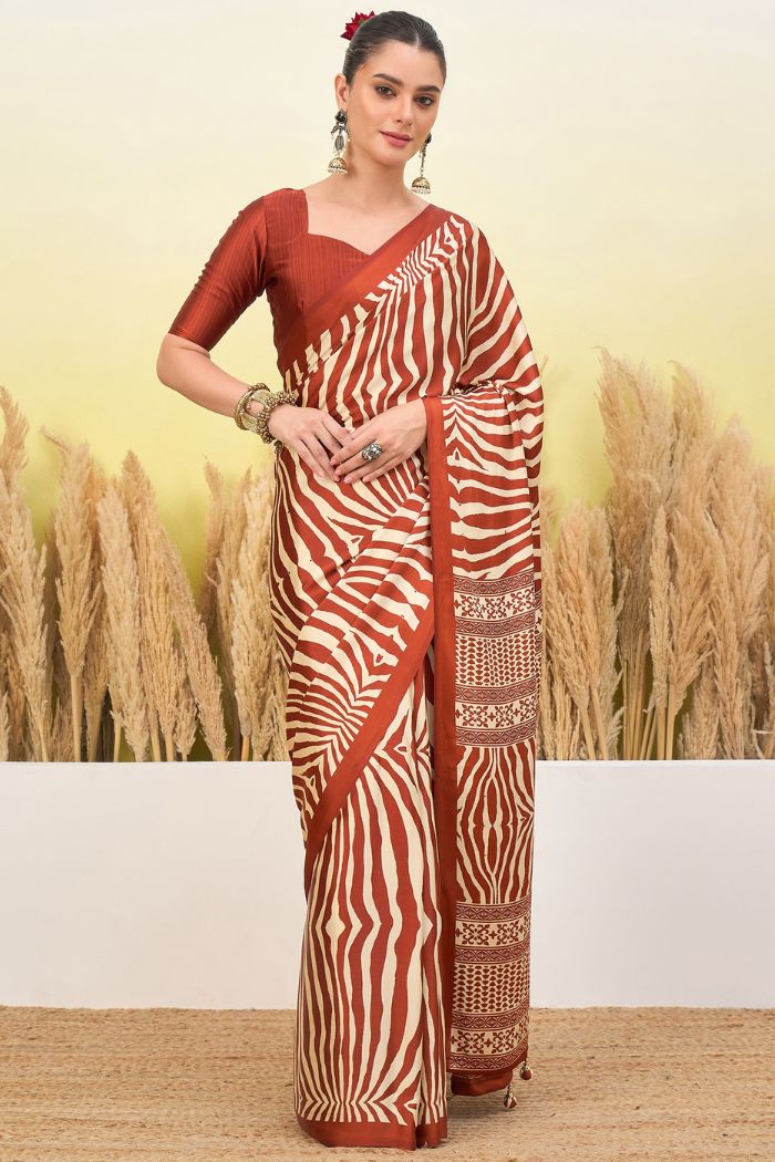 Buy MySilkLove Mocha Brown Modal Ajrakh Satin Printed Silk Saree Online