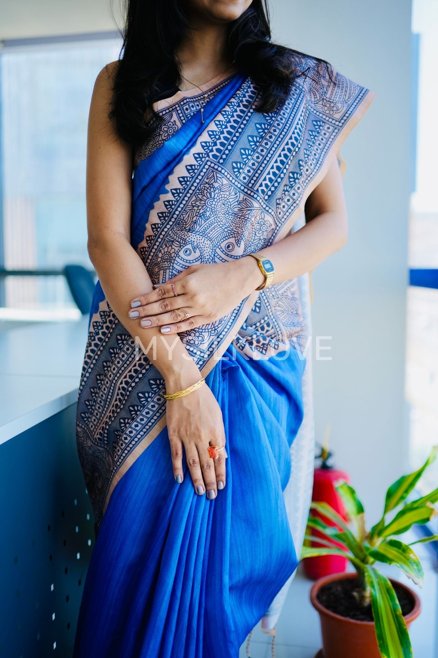 Buy MySilkLove Water Blue Madhubani Printed Silk Saree Without Blouse Online