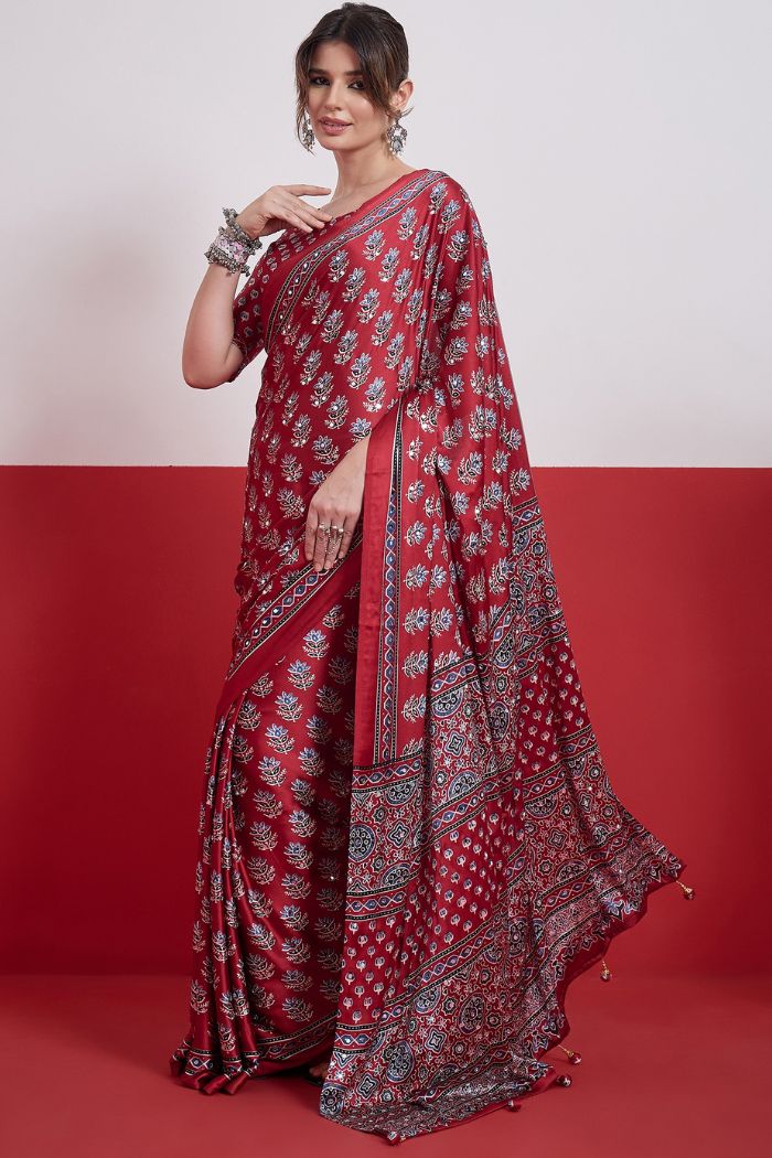 Buy MySilkLove Wine Maroon Modal Ajrakh Satin Printed Mirror Work Saree Online