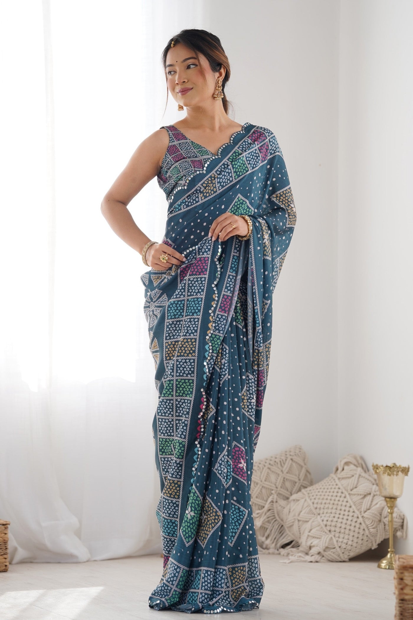 Buy MySilkLove Chambray Blue Digital Printed Chinon Saree Online