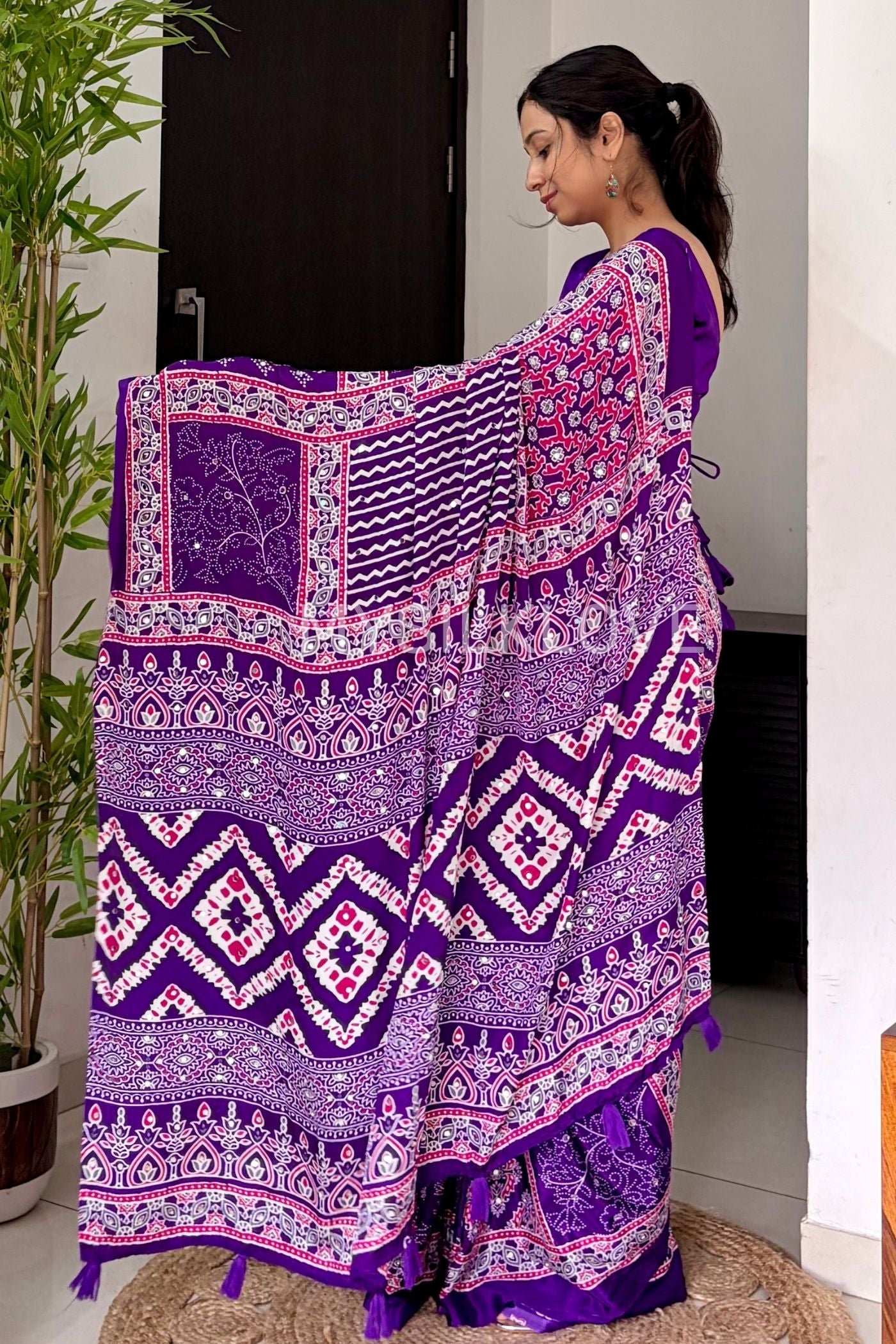 Buy MySilkLove Insolent Purple Ajrakh Satin Printed Mirror Work Saree Online