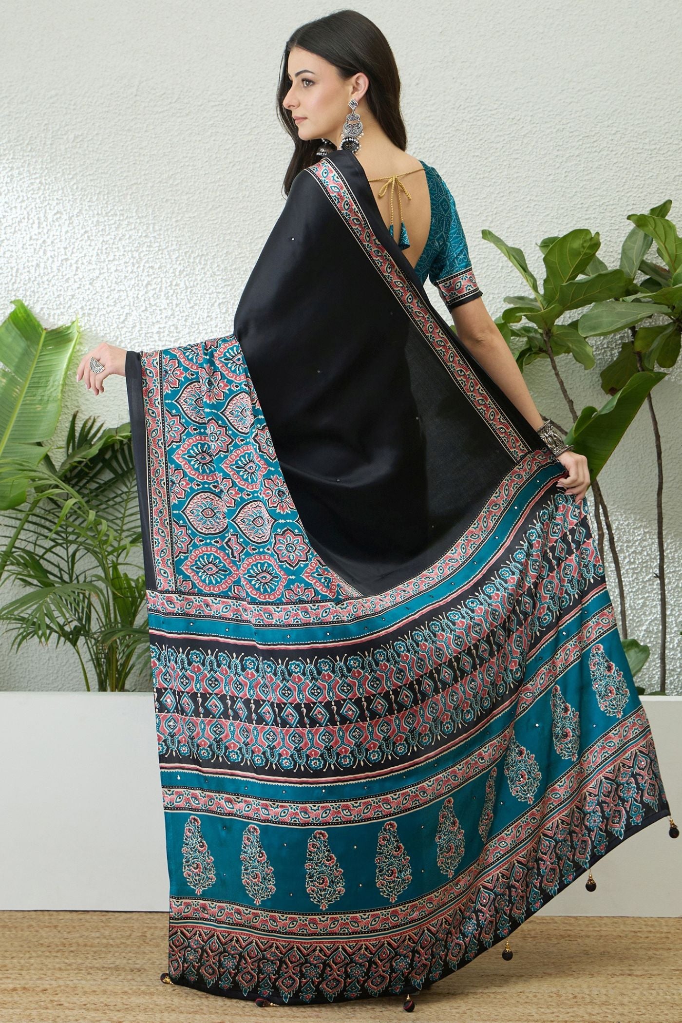 Buy MySilkLove Eclipse Black and Blue Modal Ajrakh Satin Printed Silk Saree Online