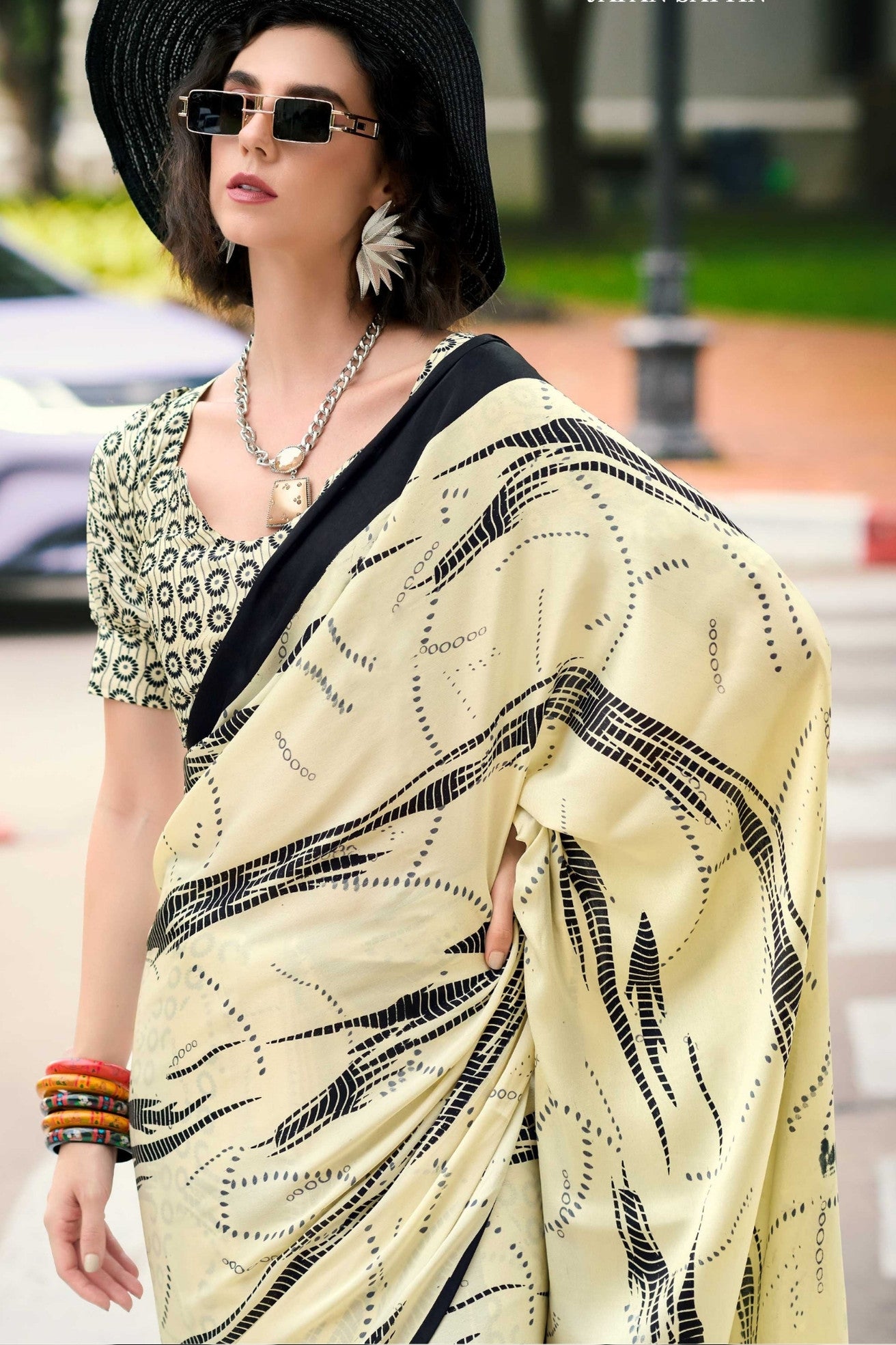 Buy MySilkLove Bavarian Cream Printed Satin Crepe Saree Online