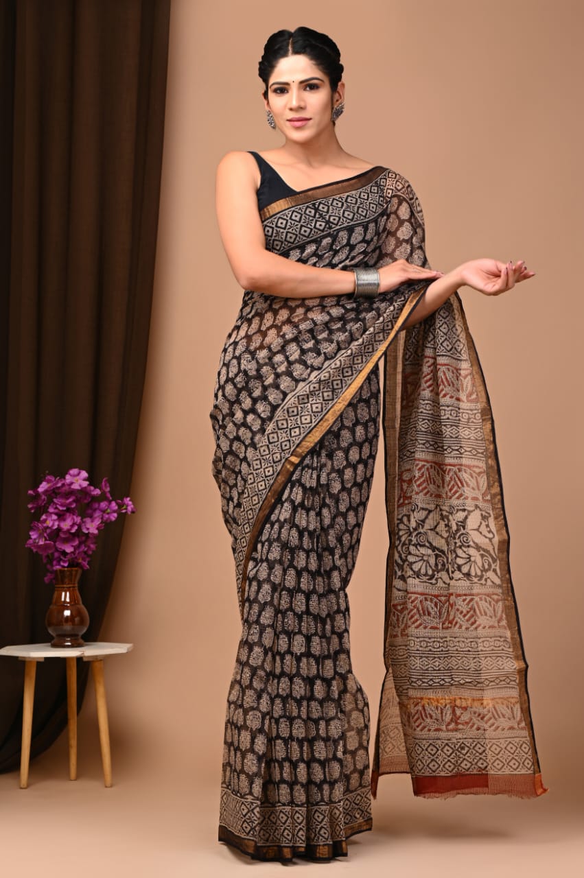 Buy MySilkLove Woody Black Handblock Kota Doriya Saree Online