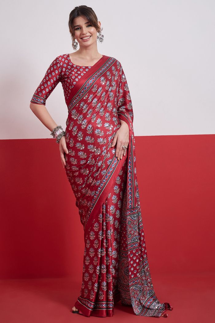 Buy MySilkLove Wine Maroon Modal Ajrakh Satin Printed Mirror Work Saree Online