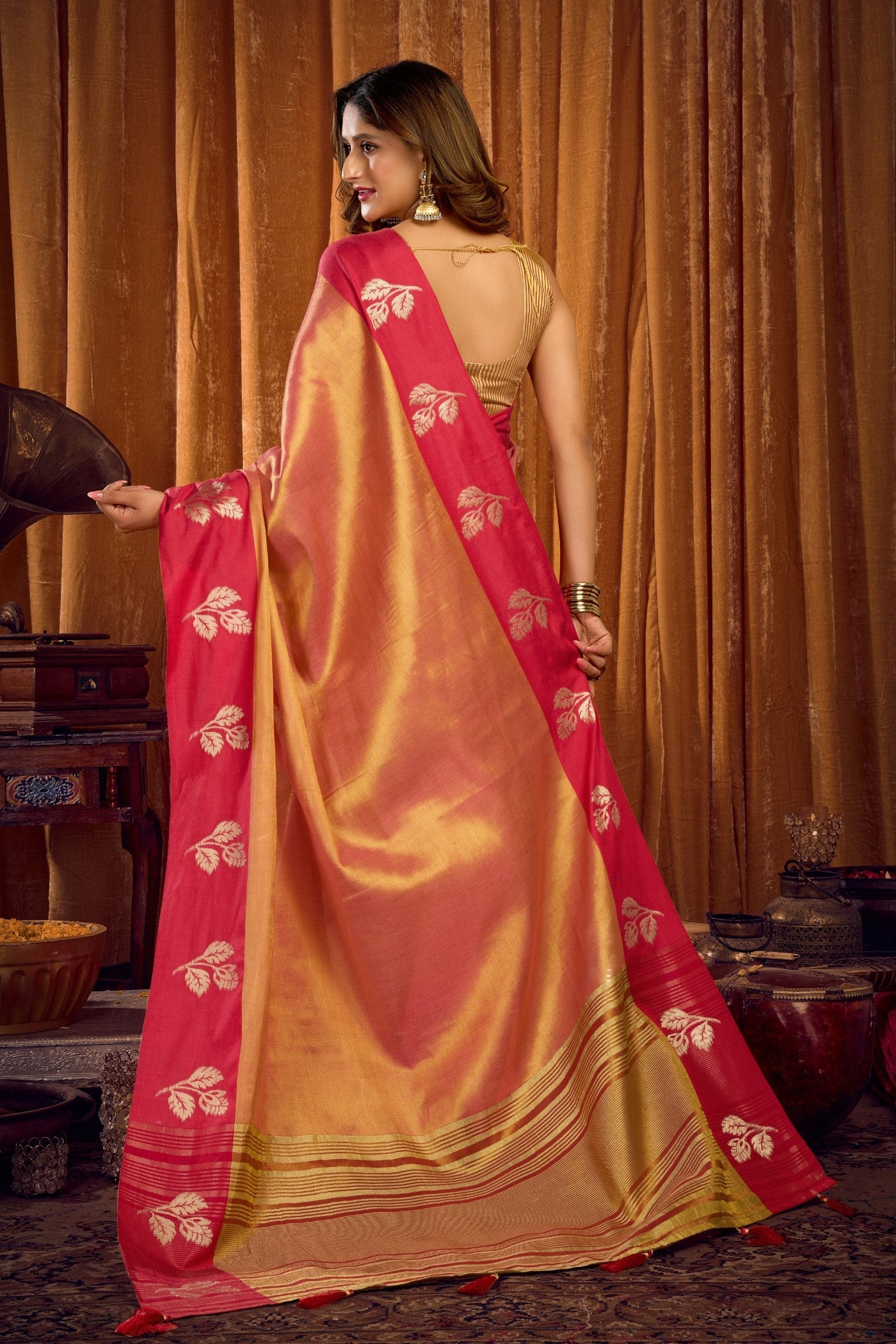 Buy MySilkLove Salmon Pink Woven Tissue Saree Online