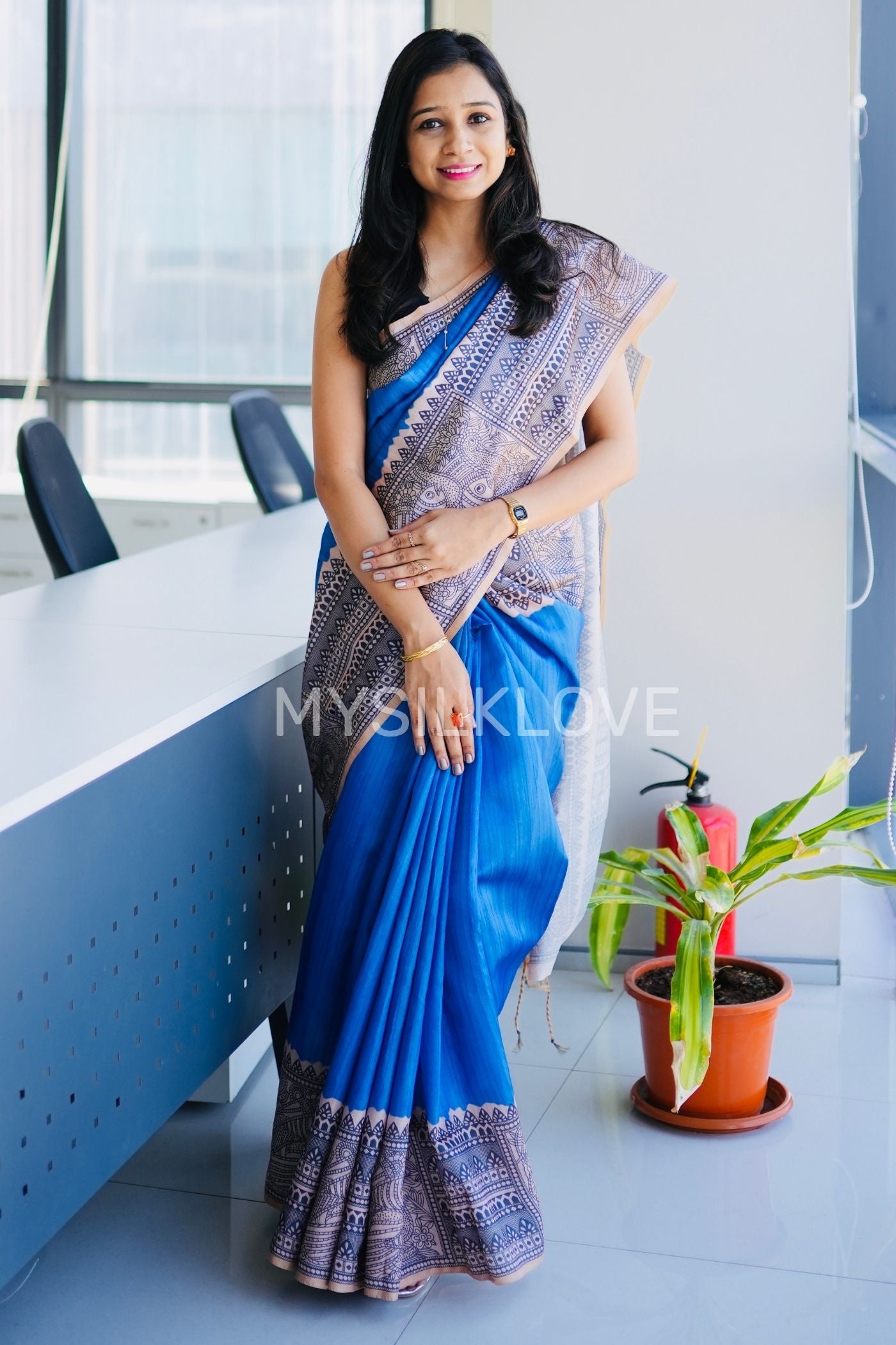 Buy MySilkLove Cobalt Blue Madhubani Printed Silk Saree Online