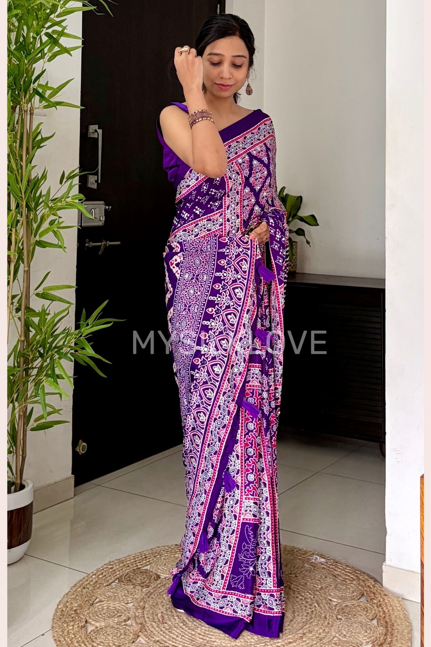 Buy MySilkLove Insolent Purple Ajrakh Satin Printed Mirror Work Saree Online