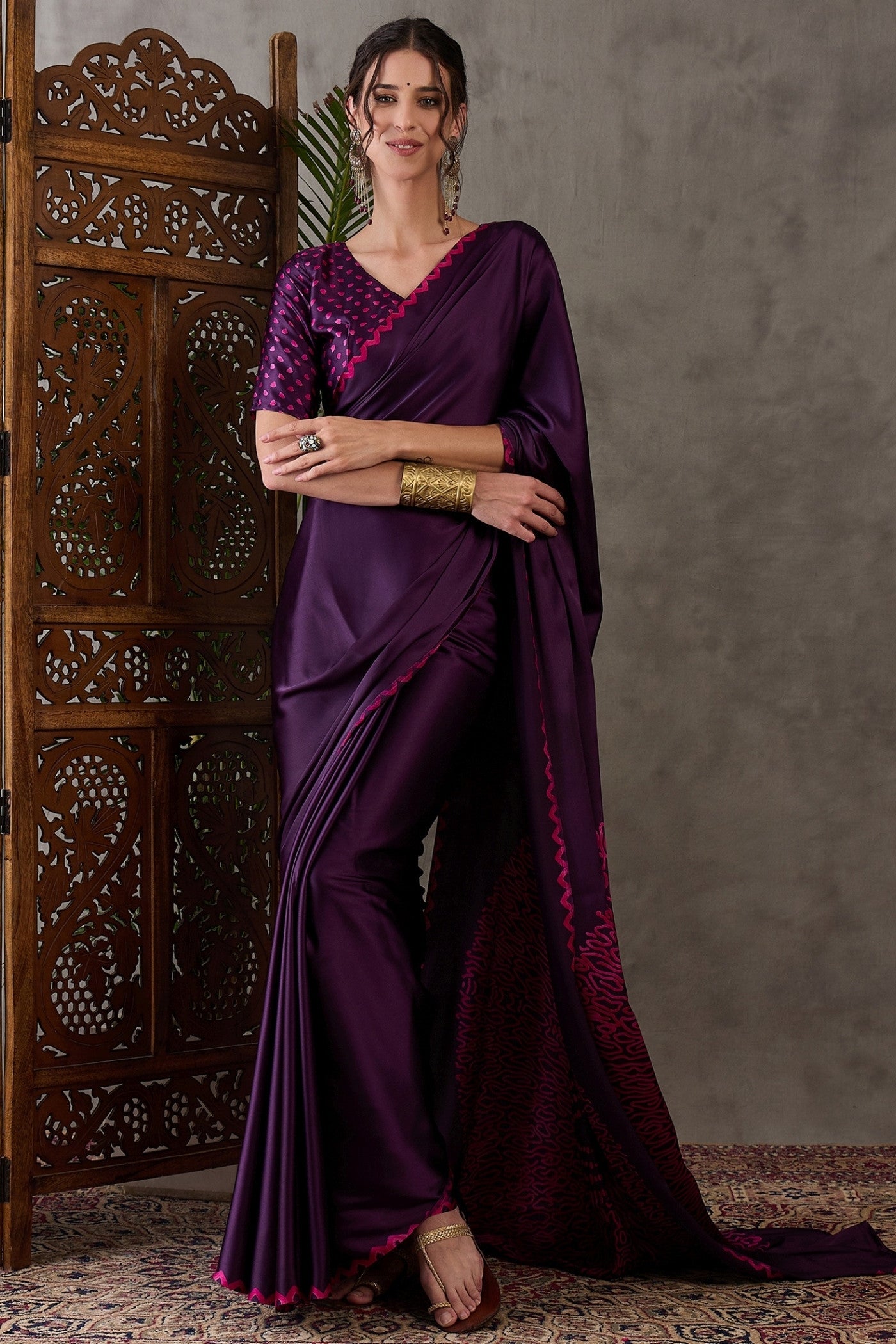 Buy MySilkLove Rebecca Purple Printed Satin Gaji Silk Saree Online