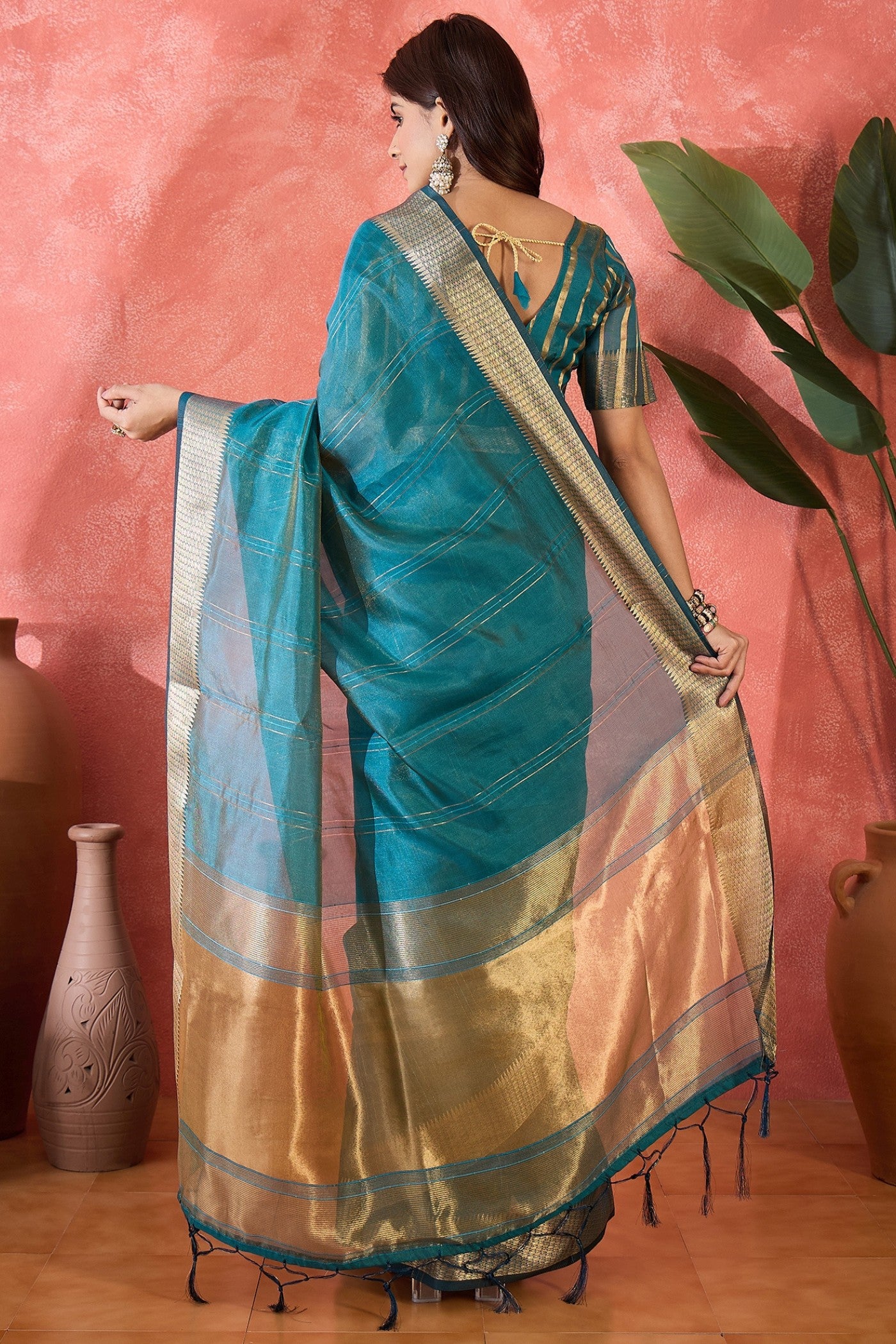 Buy MySilkLove Cyan Blue Woven Organza Saree Online