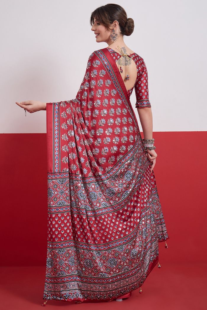 Buy MySilkLove Wine Maroon Modal Ajrakh Satin Printed Mirror Work Saree Online