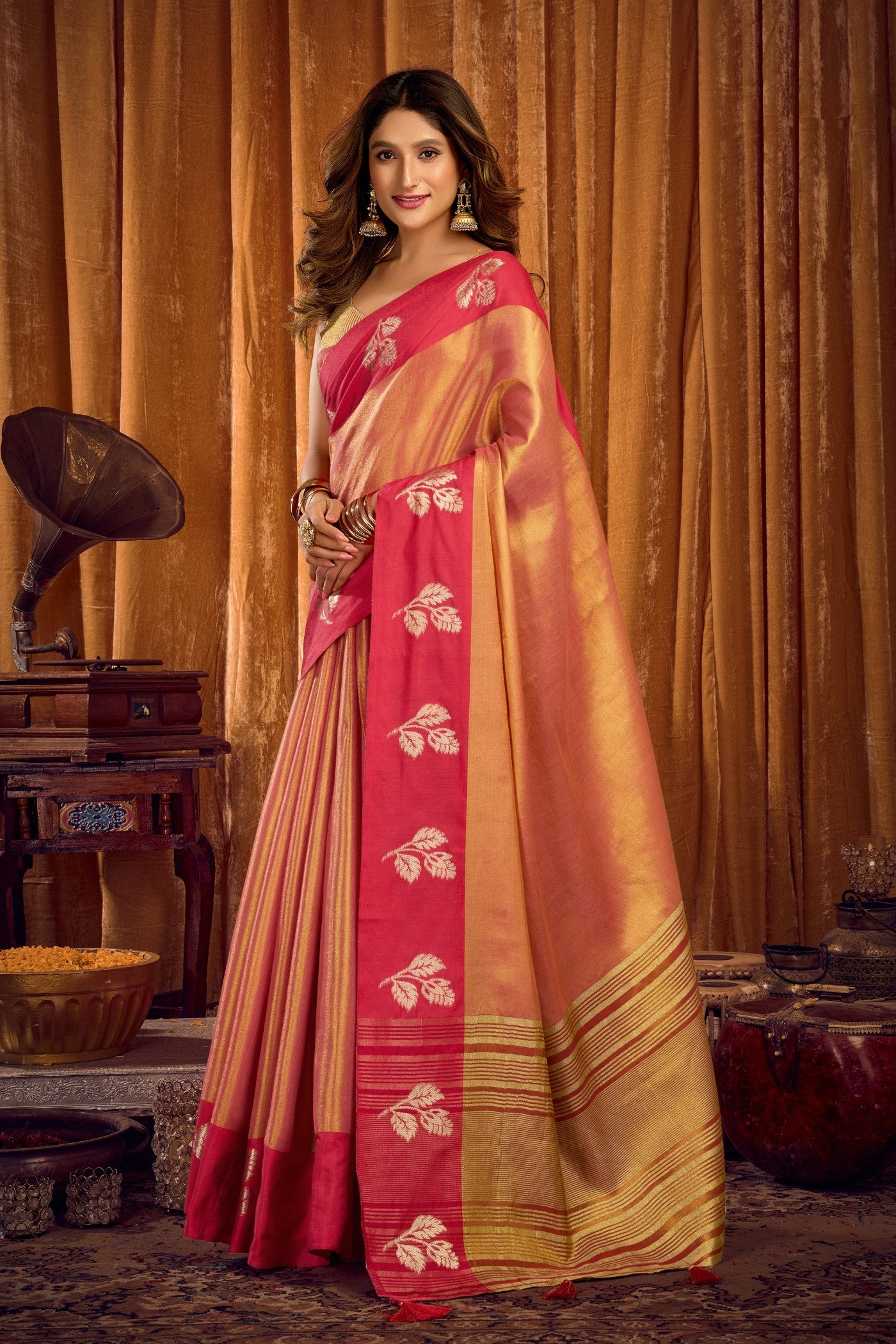 Buy MySilkLove Salmon Pink Woven Tissue Saree Online