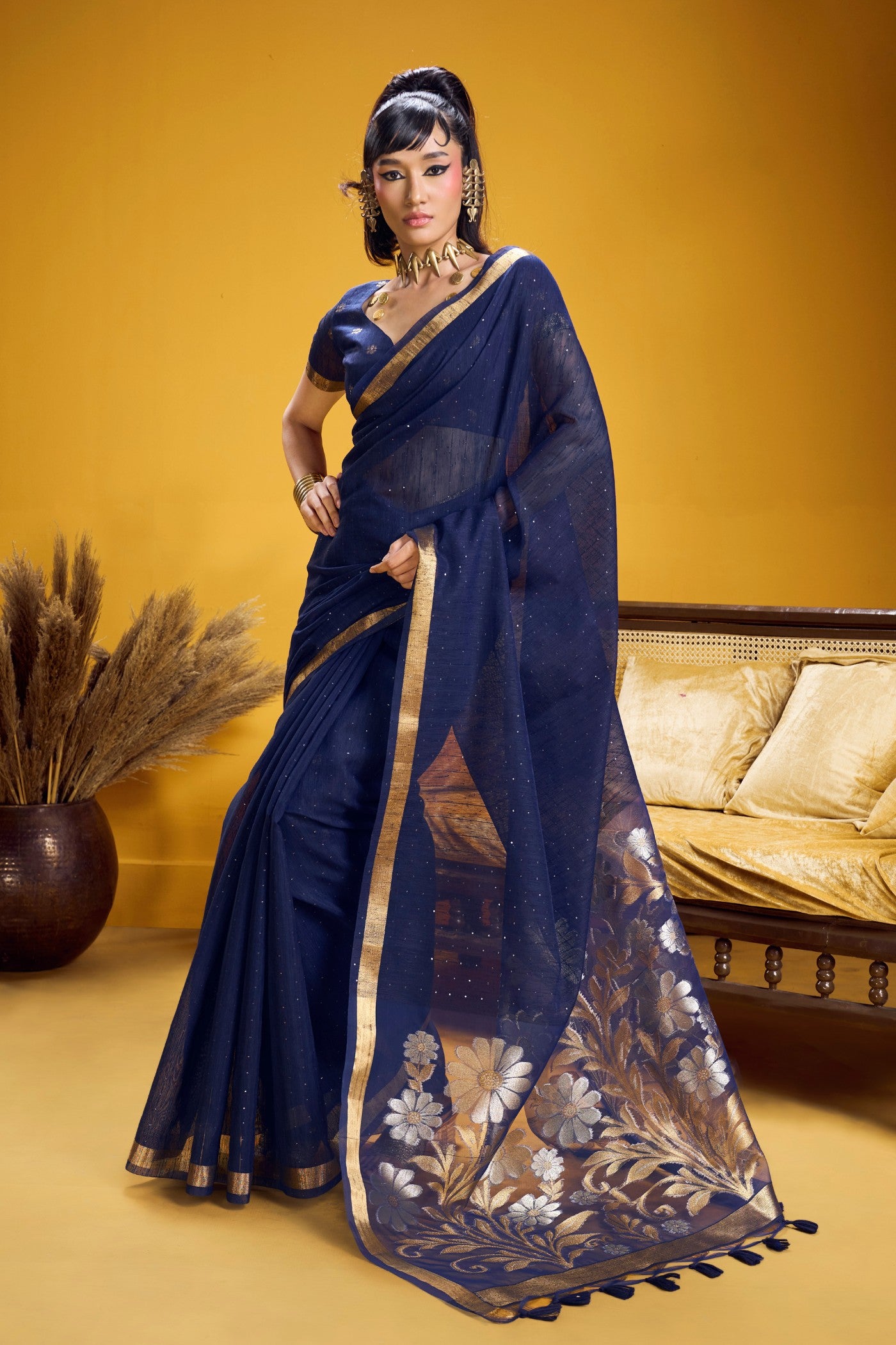 Buy MySilkLove Phthalo Blue Munga Handloom Cotton Saree Online