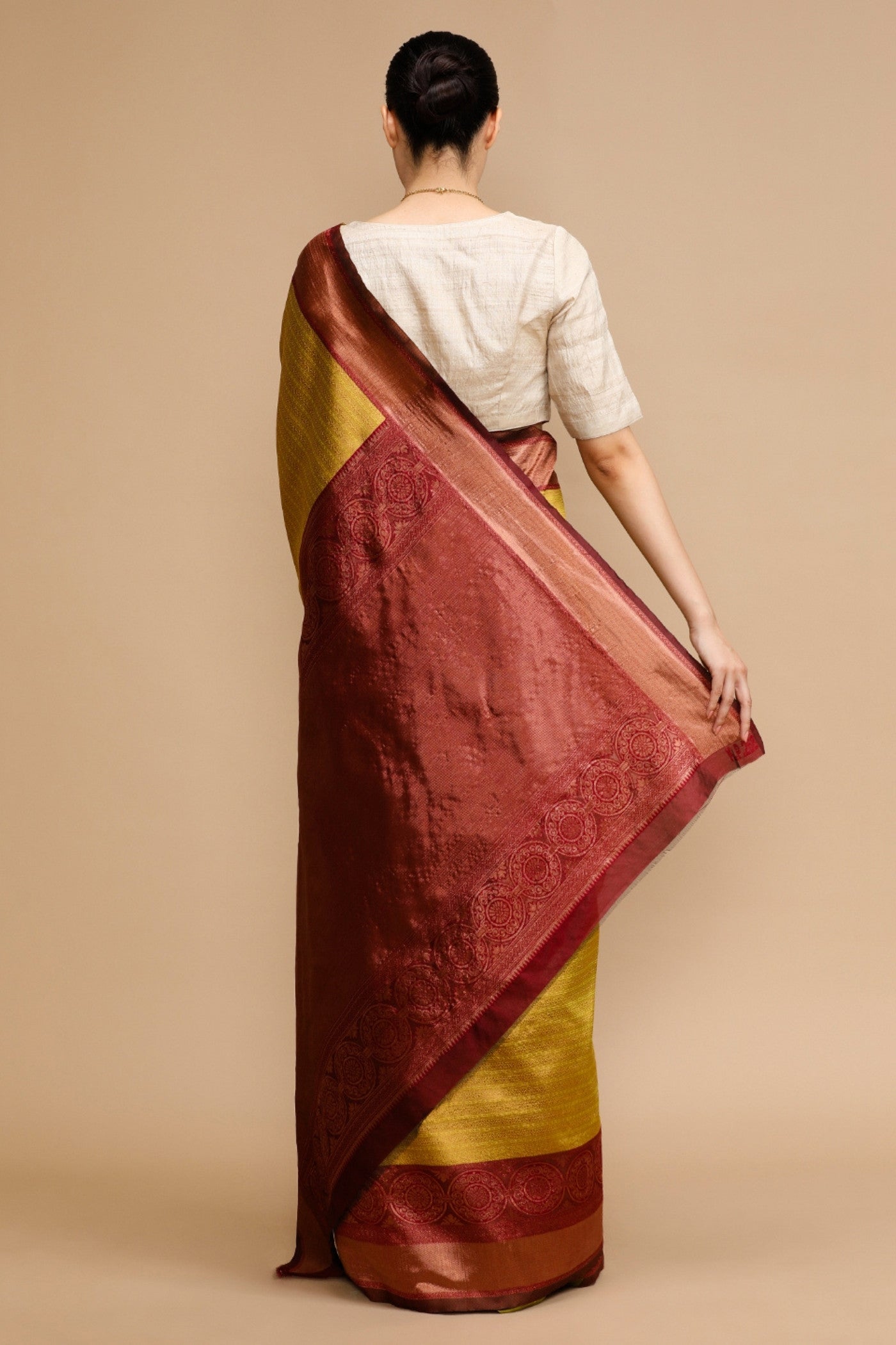 Buy MySilkLove Papaya Whip Yellow Woven Jacquard Lichi Silk Saree Online