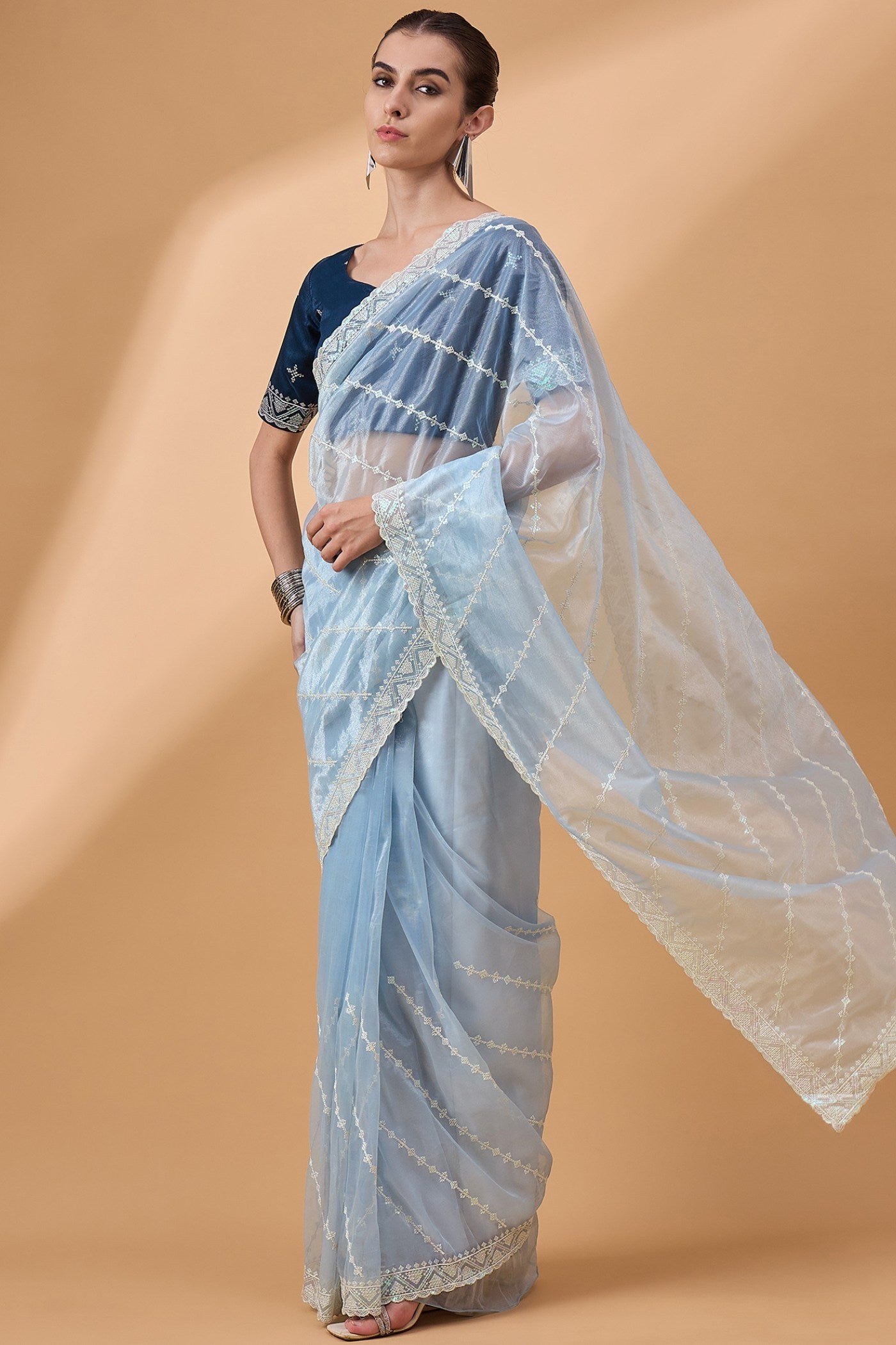 Buy MySilkLove Sky Blue Organza Partywear Saree Online