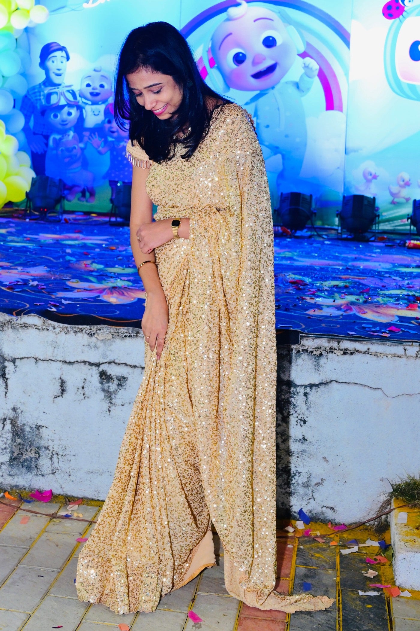 MySilkLove Sandal Golden Ready To Wear Georgette Partywear Saree