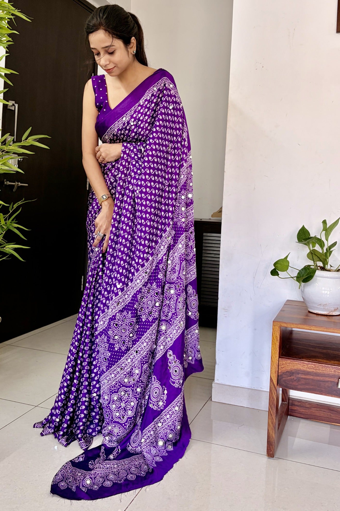 Buy MySilkLove True Purple Modal Ajrakh Satin Printed Mirror Work Saree Online