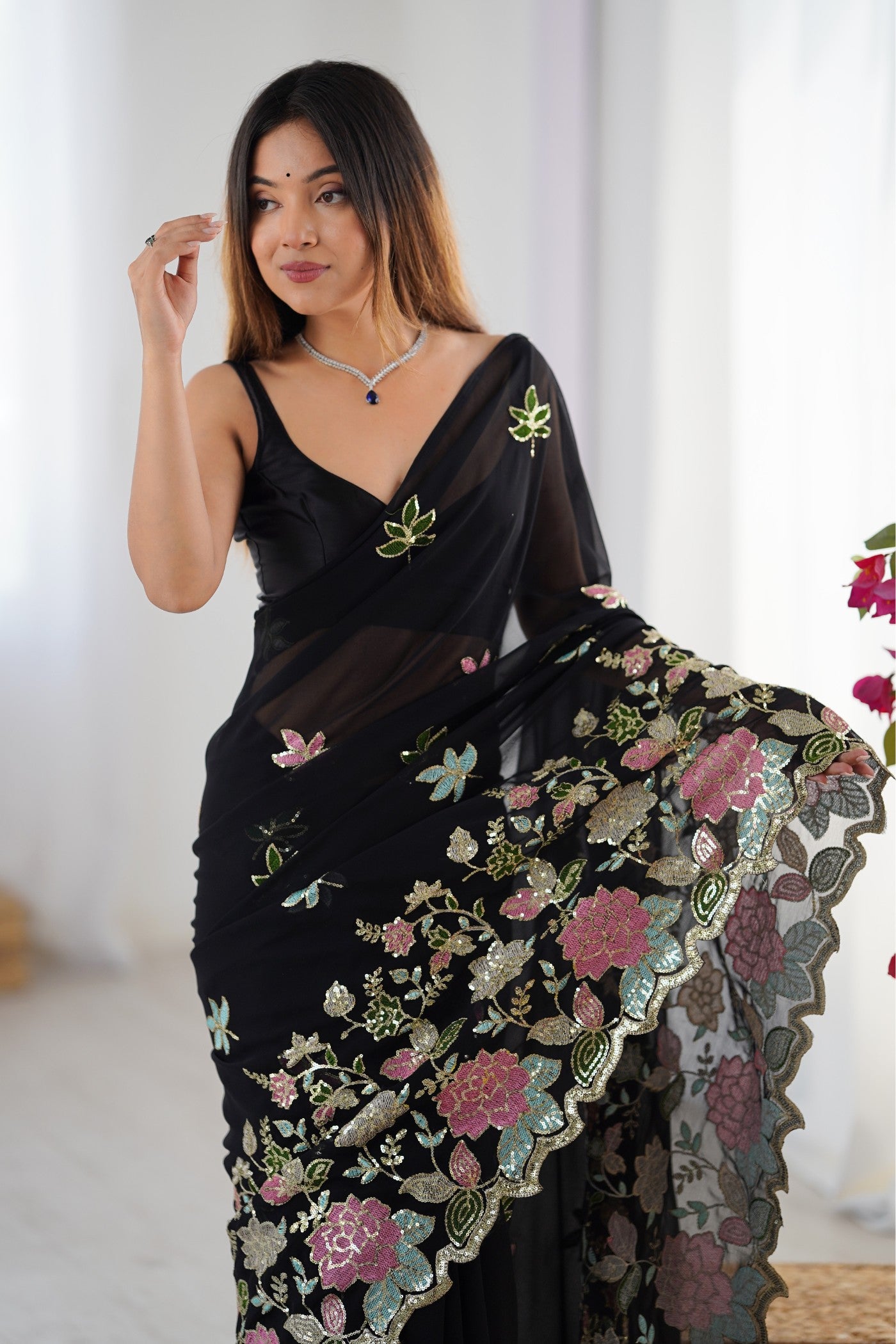 MySilkLove Licorice Black Georgette Partwaer Saree