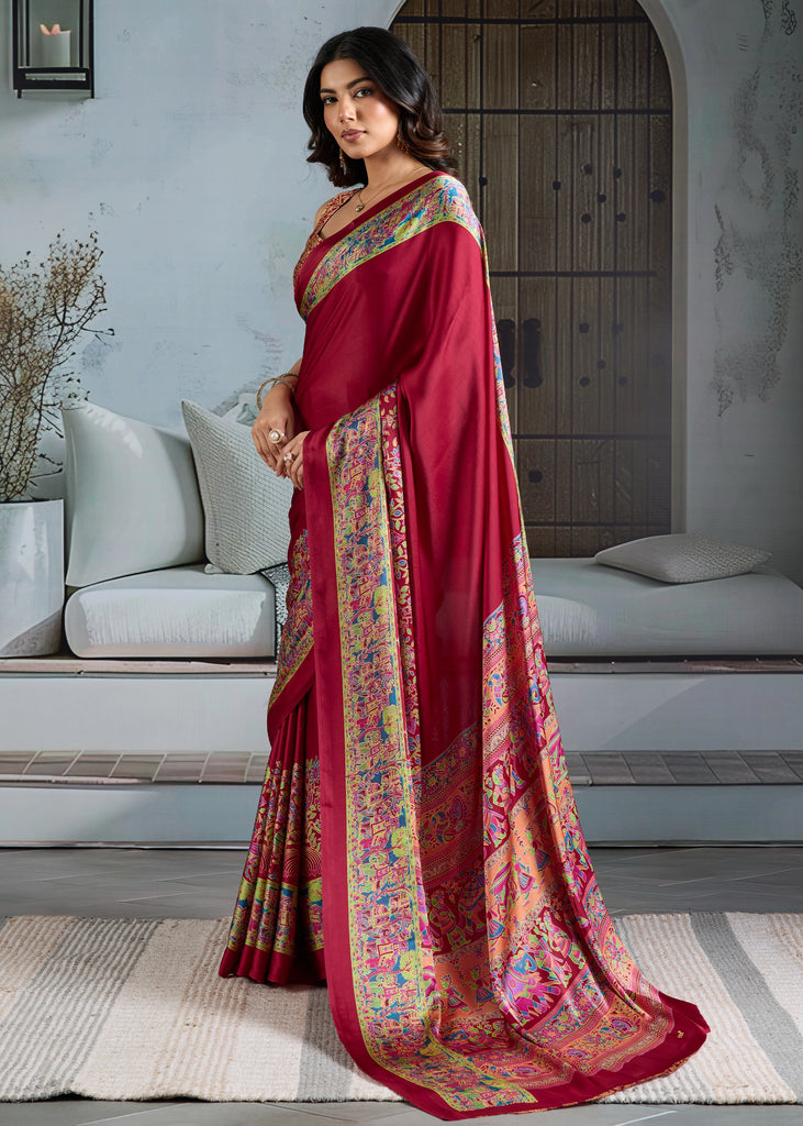 Buy MySilkLove Claret Red Printed Satin Crepe Silk Saree Online