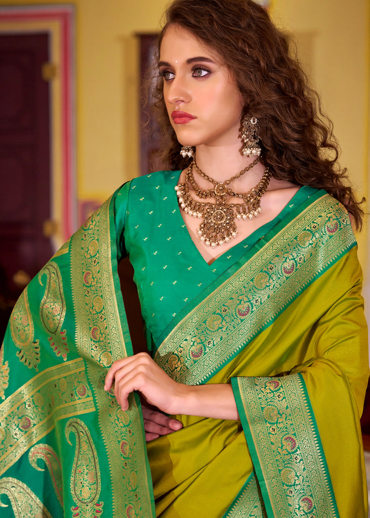 MySilkLove Arctic Green Woven Banarasi Soft Silk Saree