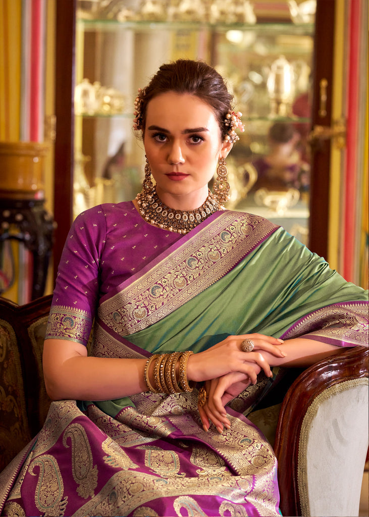 MySilkLove Lime Green Woven Banarasi Soft Silk Saree