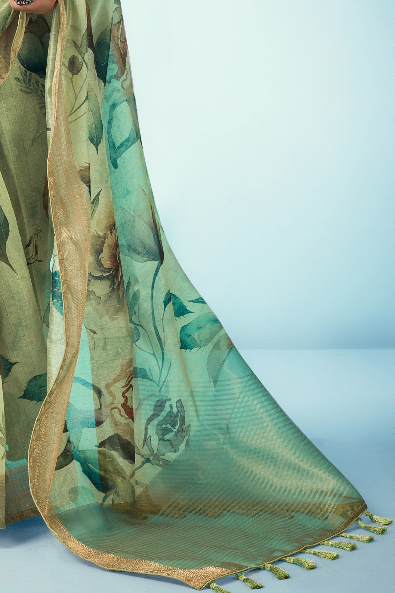 Buy MySilkLove Green Mist Floral Linen Saree Online