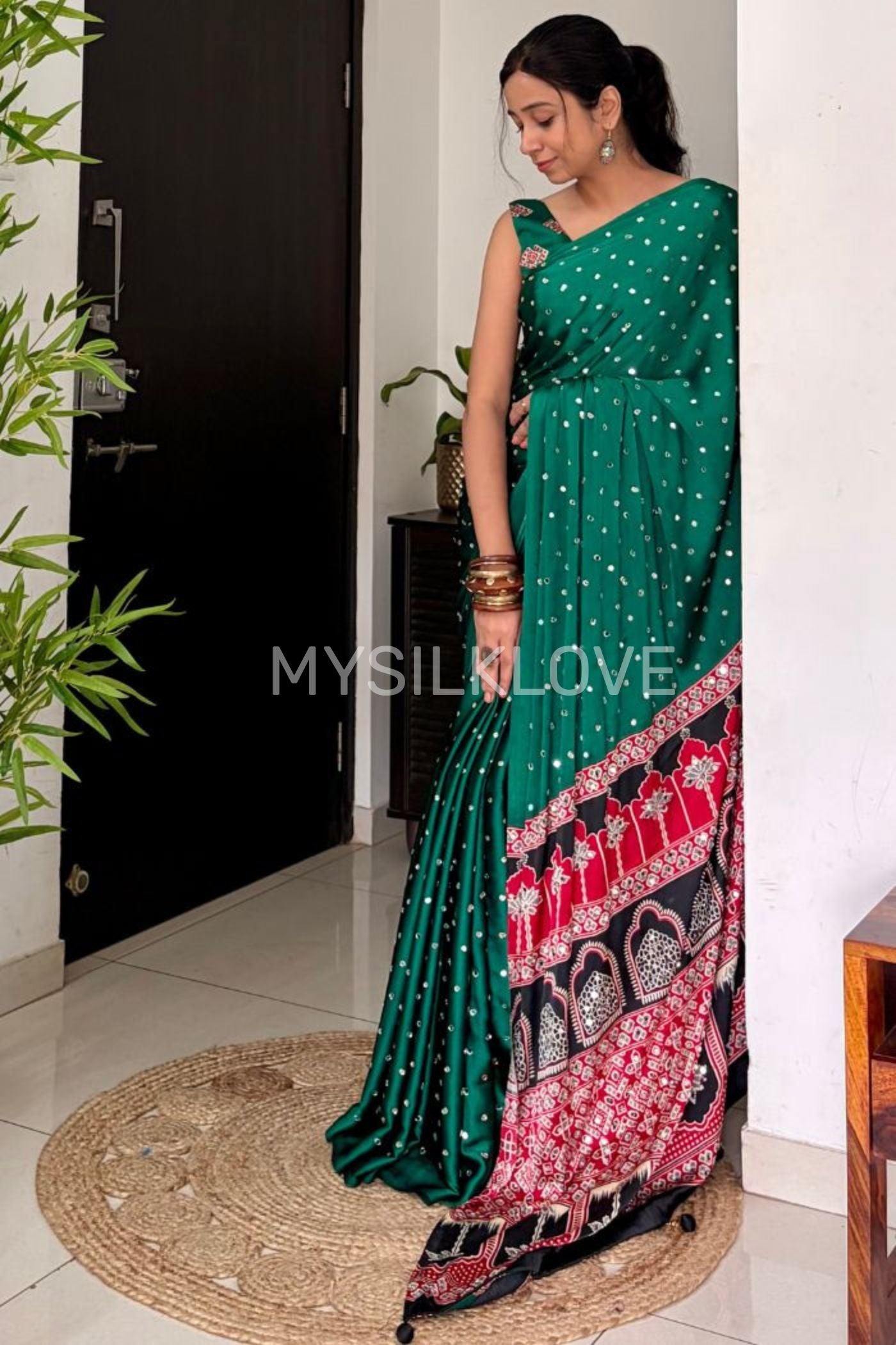 MySilkLove Fire Fly Green Ajrakh Satin Printed Mirror Work Saree