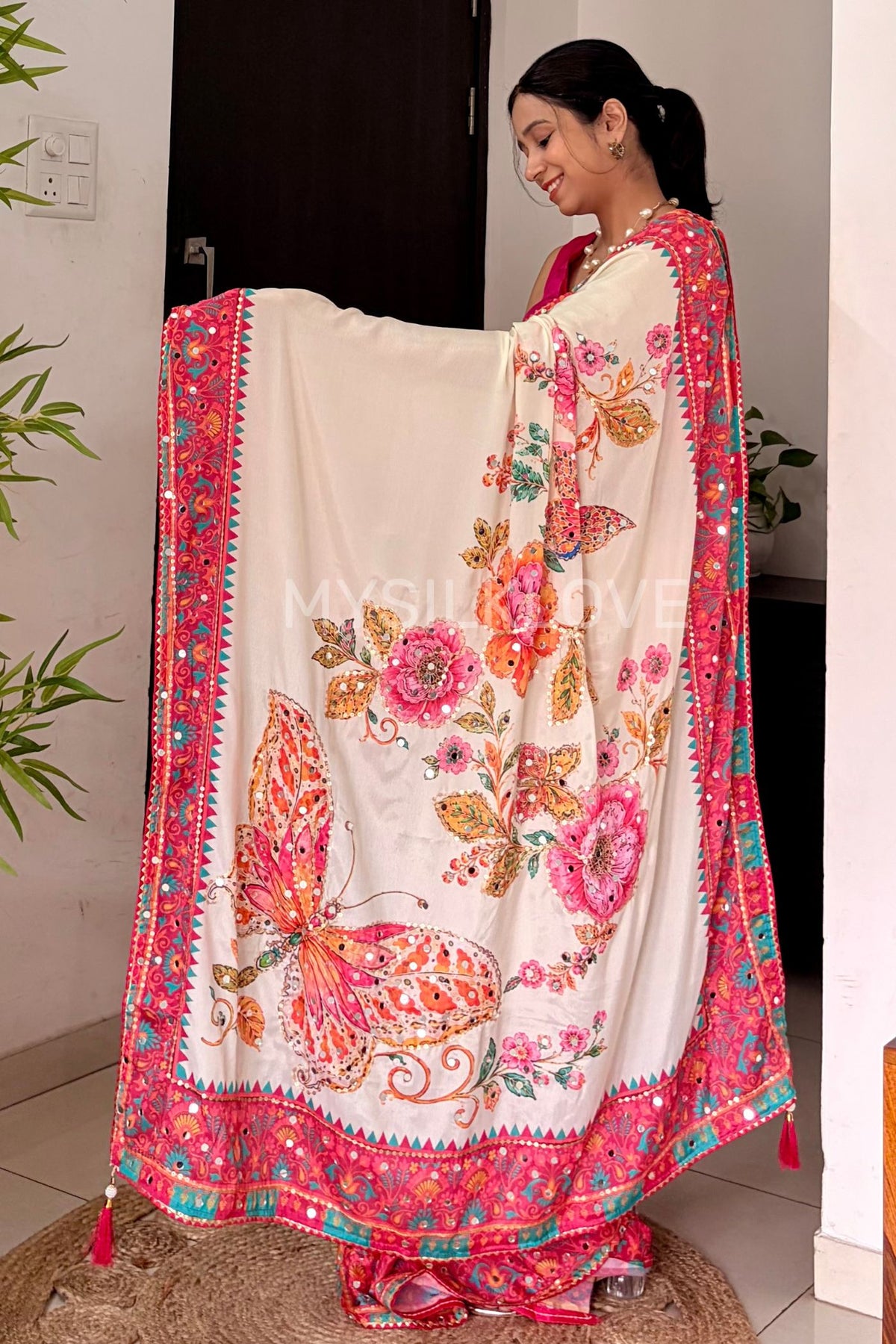 Buy MySilkLove Frost White Chinon Floral Partywear Printed Mirror Work Saree Online