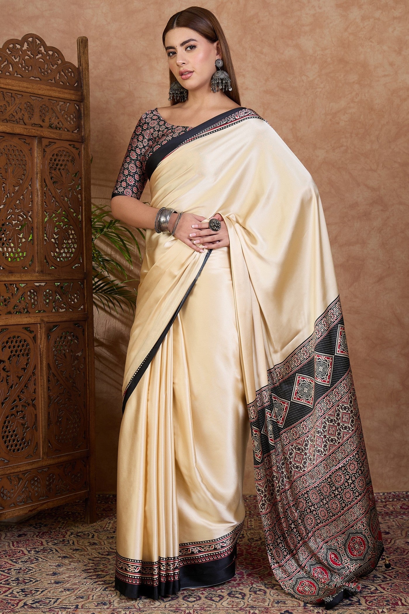 Buy MySilkLove Bavarain Cream Ajrakh Printed Satin Crepe Silk Saree Online