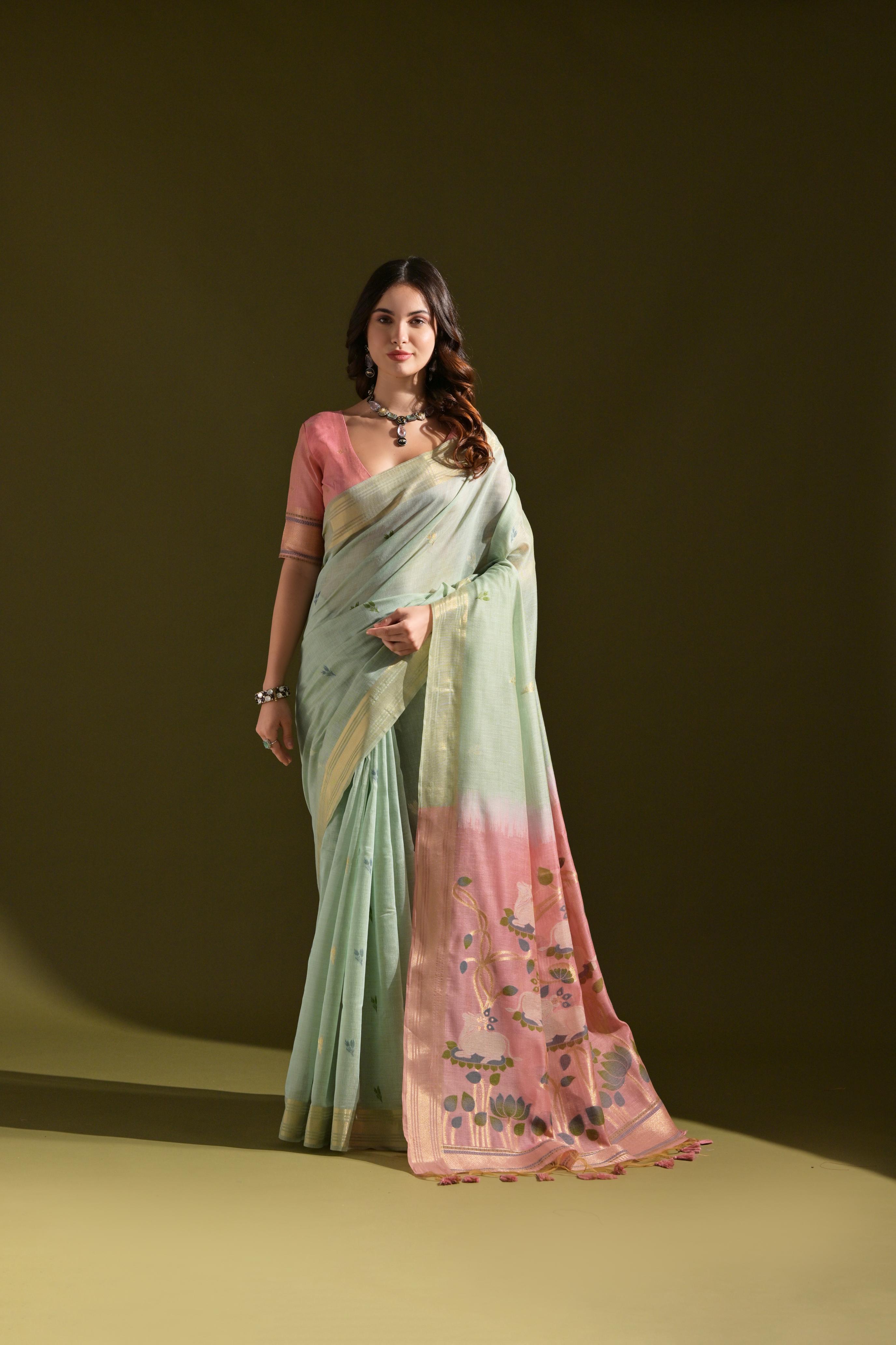 Buy MySilkLove Calla lily Green Woven Muga Cotton Saree Online
