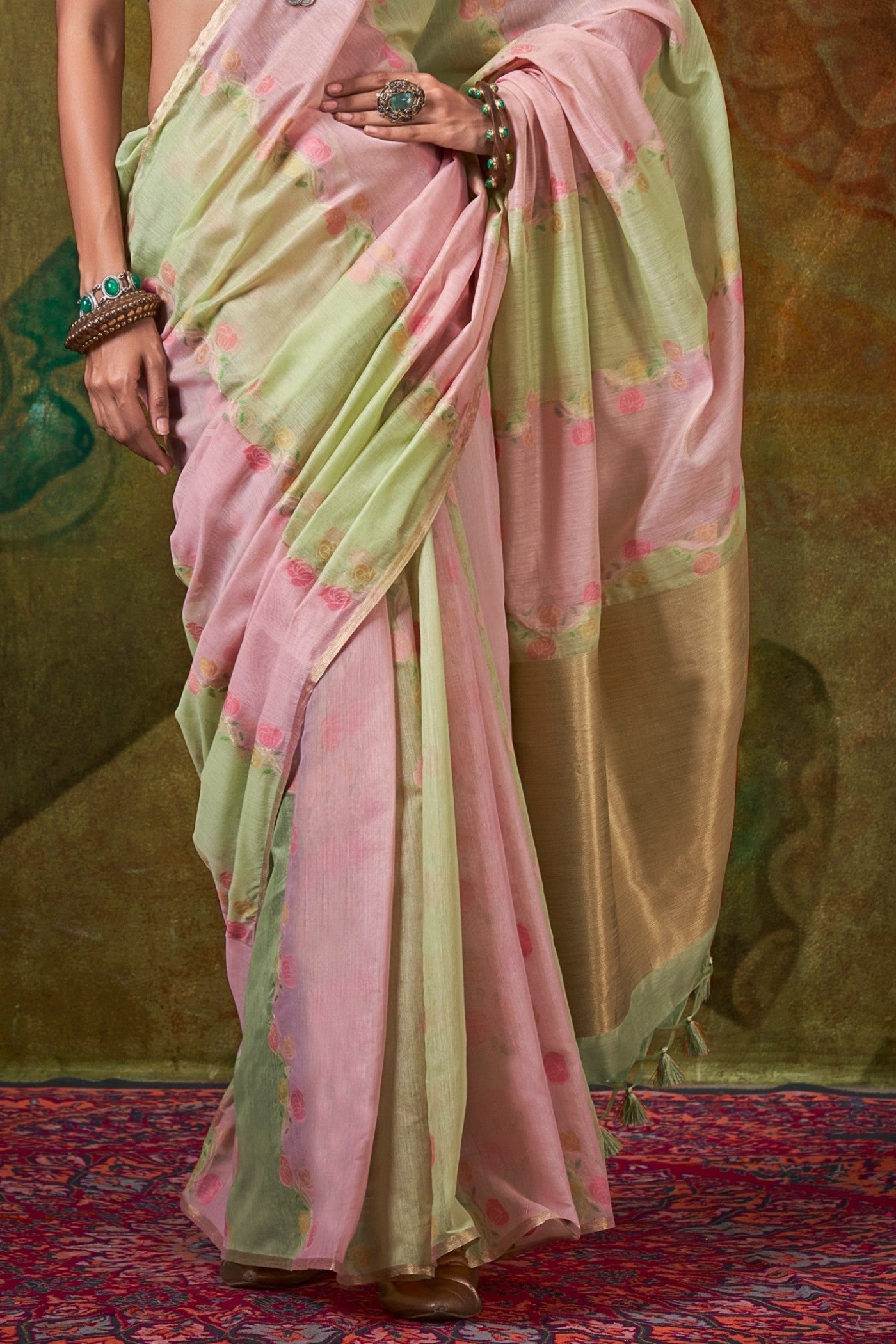 Buy MySilkLove Bush Pink and Green Banarasi Handloom Saree Online