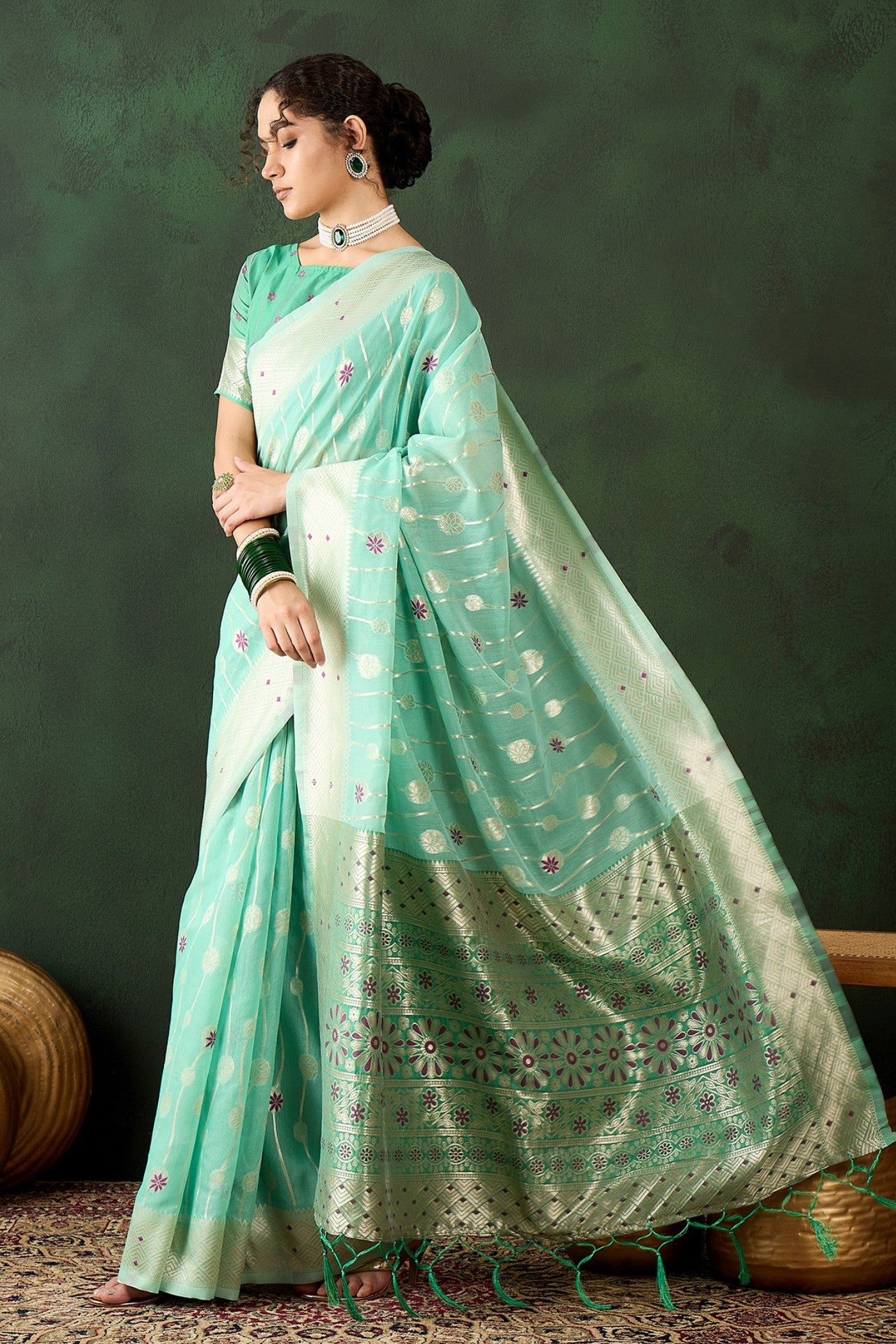 Buy MySilkLove Sage Green Woven Cotton Saree Online